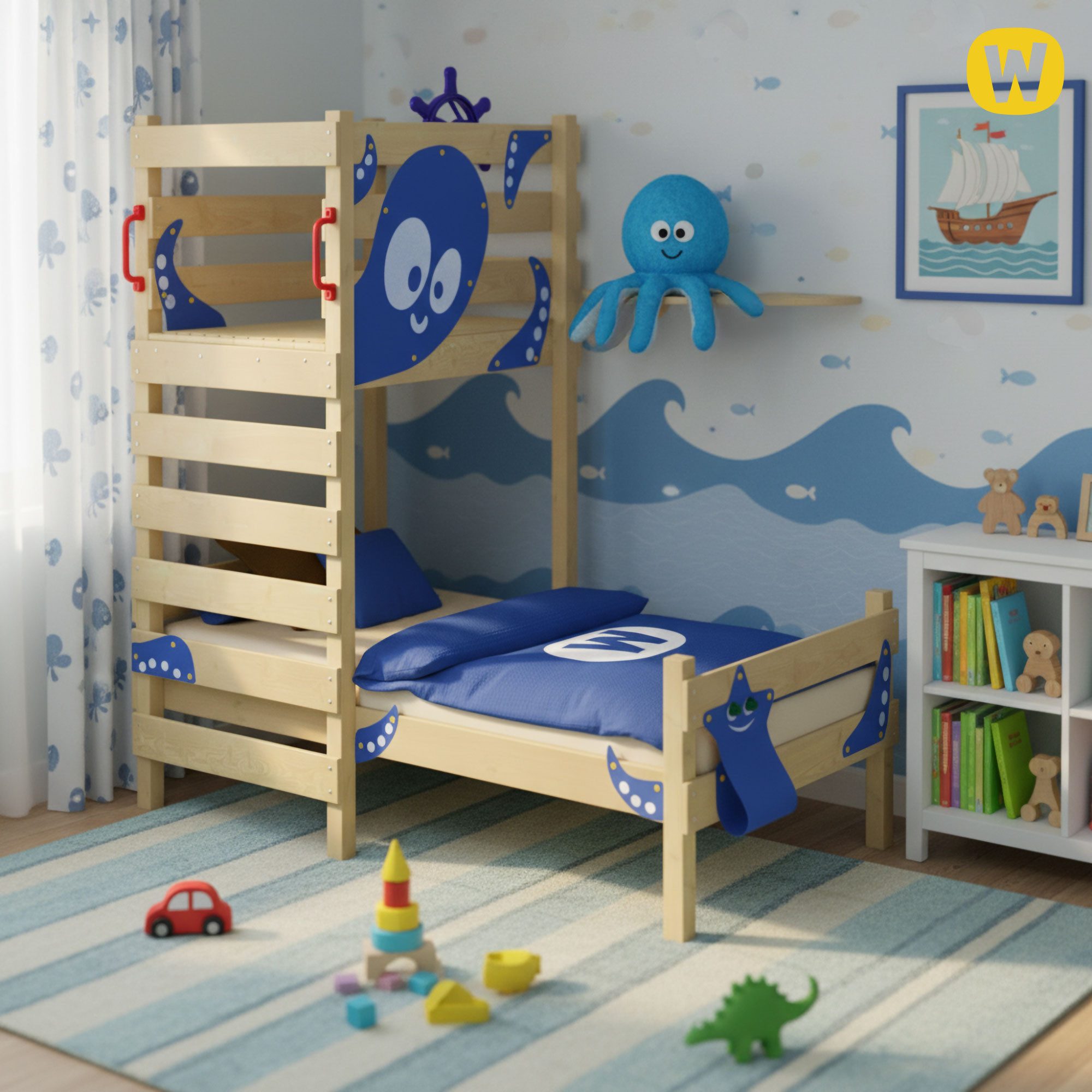 Wickey Kinderbett Crazy Octopus Spielbett 90x200 cm mit Podest und Kletterleiter (Set, individuell gestaltbar - stabil und alltagstauglich), Kinderbett aus Massivholz 90x200 cm