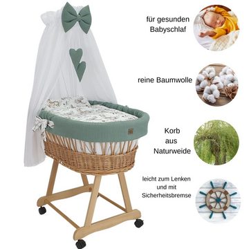 Babymajawelt Stubenwagen Baby Stubenwagen Komplett Set mit Ausstattung, auf Rollen Reh 1016, Erstes Babybett, Made in EU, Naturweide, Sorglos Paket