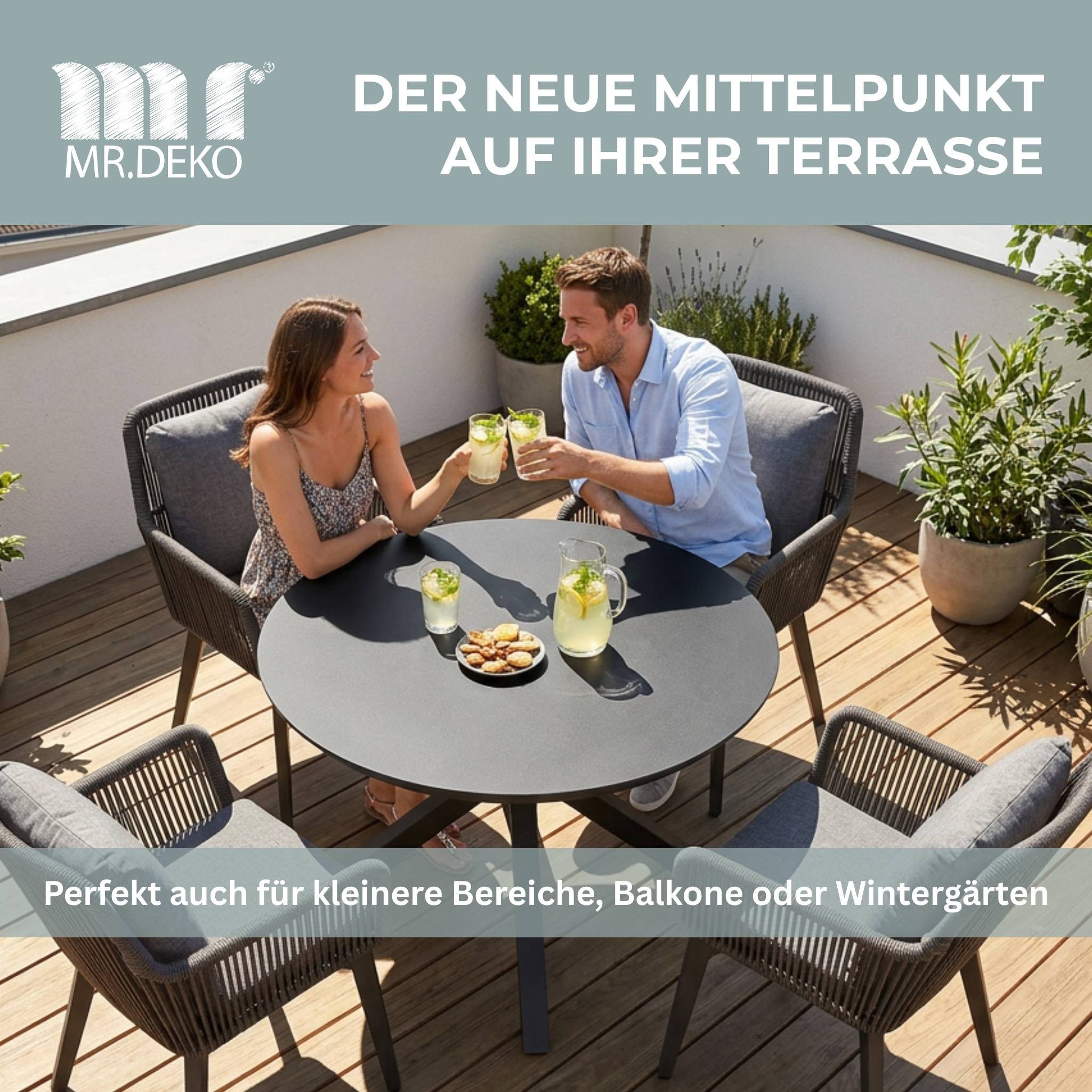 MR.DEKO Gartentisch rund Malaga 120cm Keramik Aluminium Anthrazit, wetterfest & kratzfest (Mit X-Gestell & Keramik-Tischplatte – stilvoller Esstisch für Outdoor, 1-St), Wetterfest & modern – Tisch Höhe anpassbar, pflegeleicht
