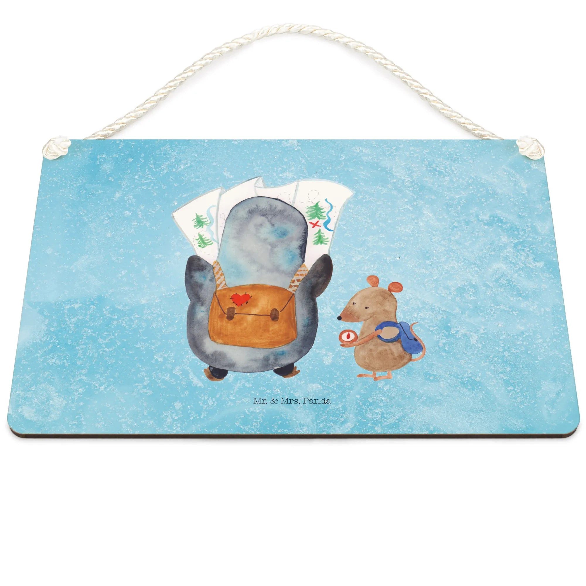 Thumbnail - Mr. & Mrs. Panda Hinweisschild Pinguin & Maus Wanderer DIN A5 - Eisblau - Geschenk, Deko schild Mit, (Packung, 1 St., Pi...