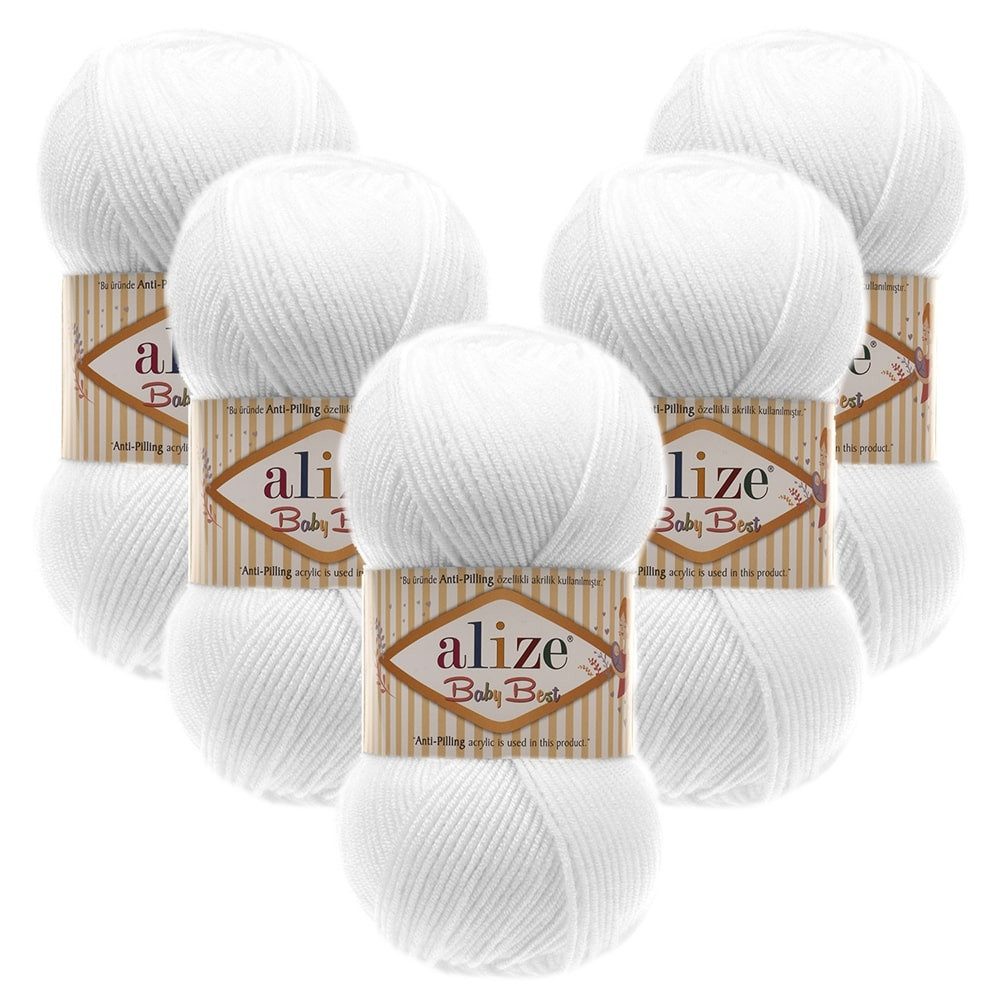 Alize 5 x ALIZE Baby Best 55 White Häkelwolle, 240 m, Babywolle,Viskose,Anti-Pilling,Babygarn