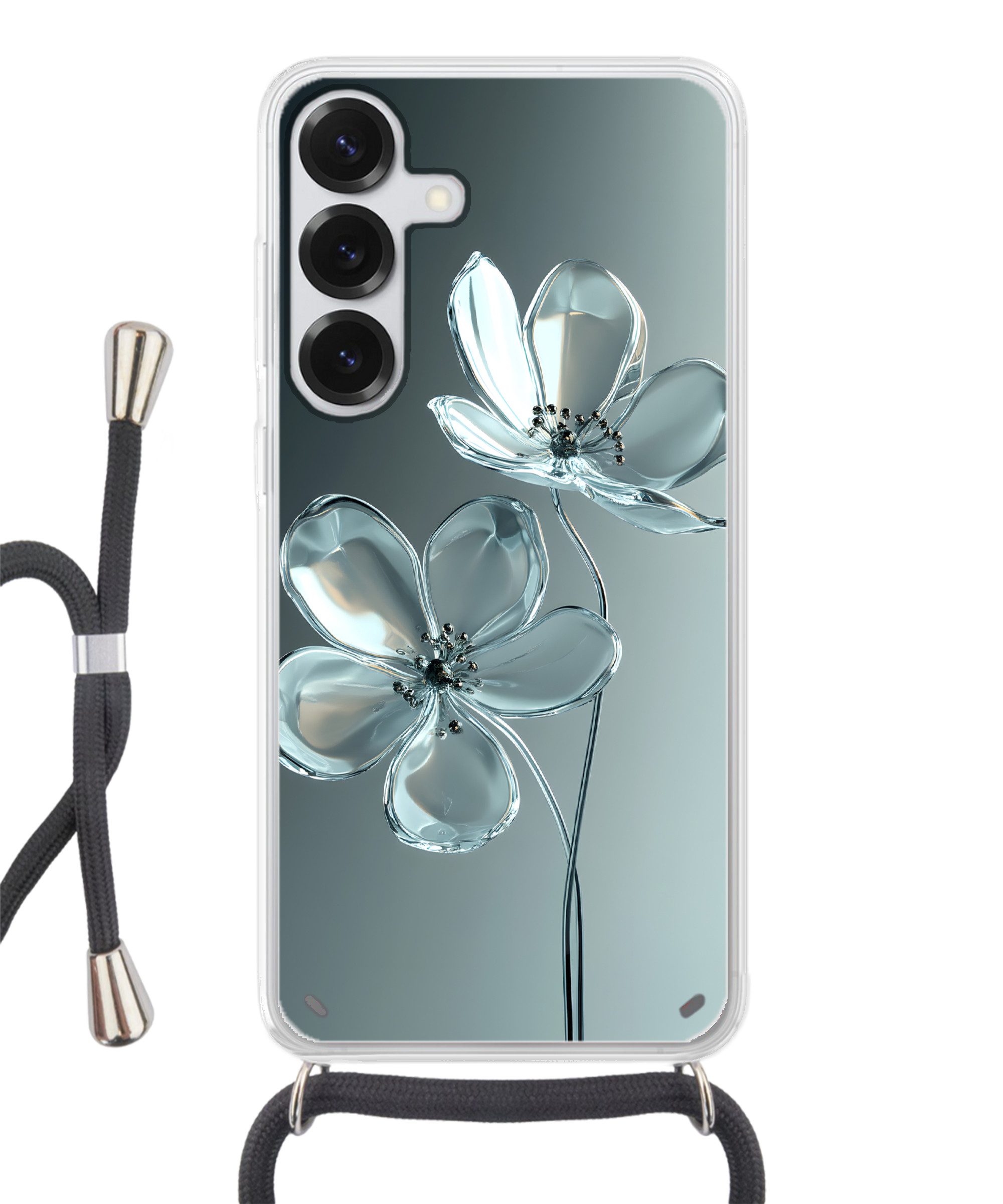 MuchoWow Handyhülle für Samsung Galaxy S25 Kristall - Blumen - Grau, Tragbare Handyhüllen mit Kette zum umhängen, Handykette Handyband