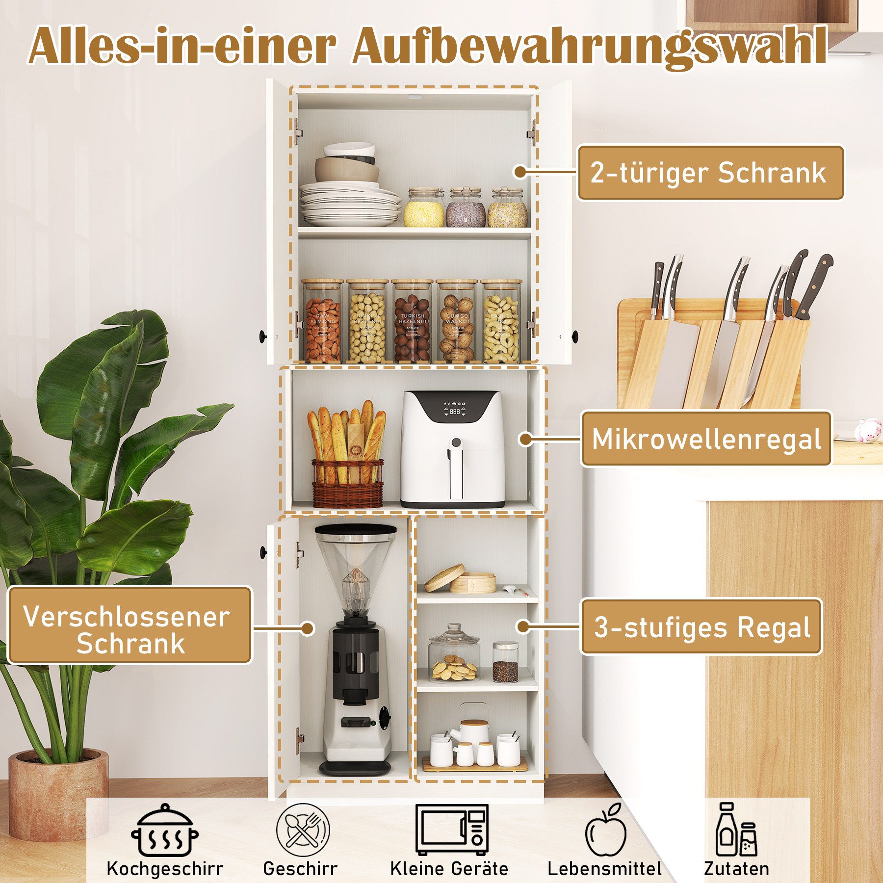 COSTWAY Küchenbuffet Küchenschrank mit Arbeitsplatte, Weiß 166cm