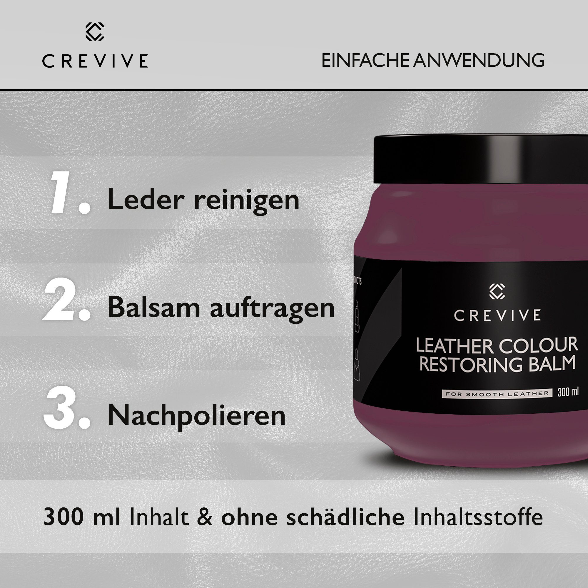 CREVIVE Lederpflegeset (SPARSET 4-teilig, Lederreparatur, sehr ergiebig), 300 ml Lederbalsam + 250 ml Lederreiniger mit Aloe Vera, Lederpflege