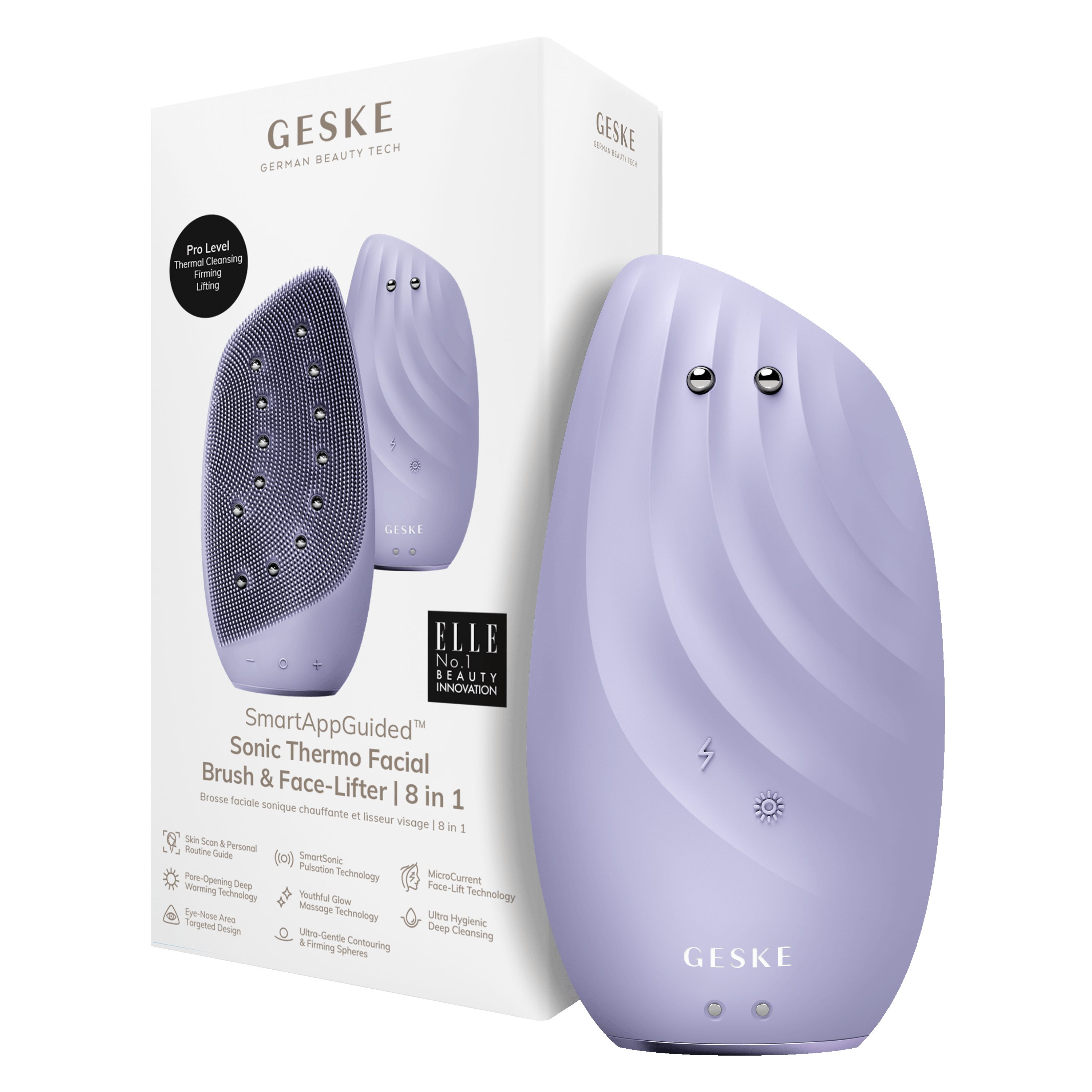 GESKE German Beauty Tech Elektrische Gesichtsreinigungsbürste SmartAppGuided™ Sonic Thermo Facial Brush & Face-Lifter 8 in 1, Packung (Gerät & USB-Ladekabel), 2-tlg., Gerät inkl. kostenloser APP (SmartAppGuided Device), Mit der GESKE App erhältst Du deine personalisierte Hautpflegeroutine. Purple
