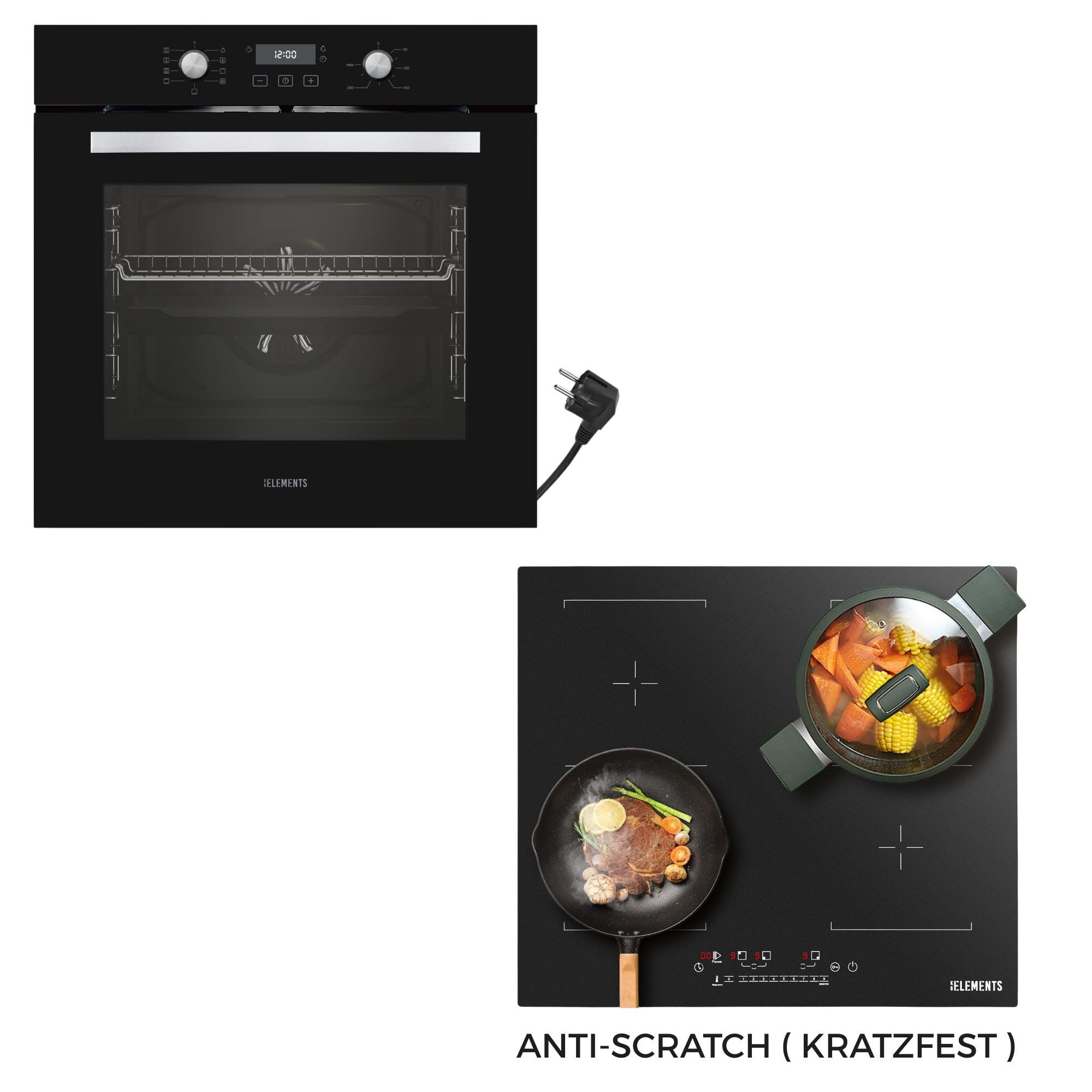 KB Elements Induktions Herd-Set Kratzfestes Induktion 60 cm mit Einbaubackofen 60 cm, Aqua Clean, Kratzfestes Induktionskochfeld mit Warmhaltefunktion