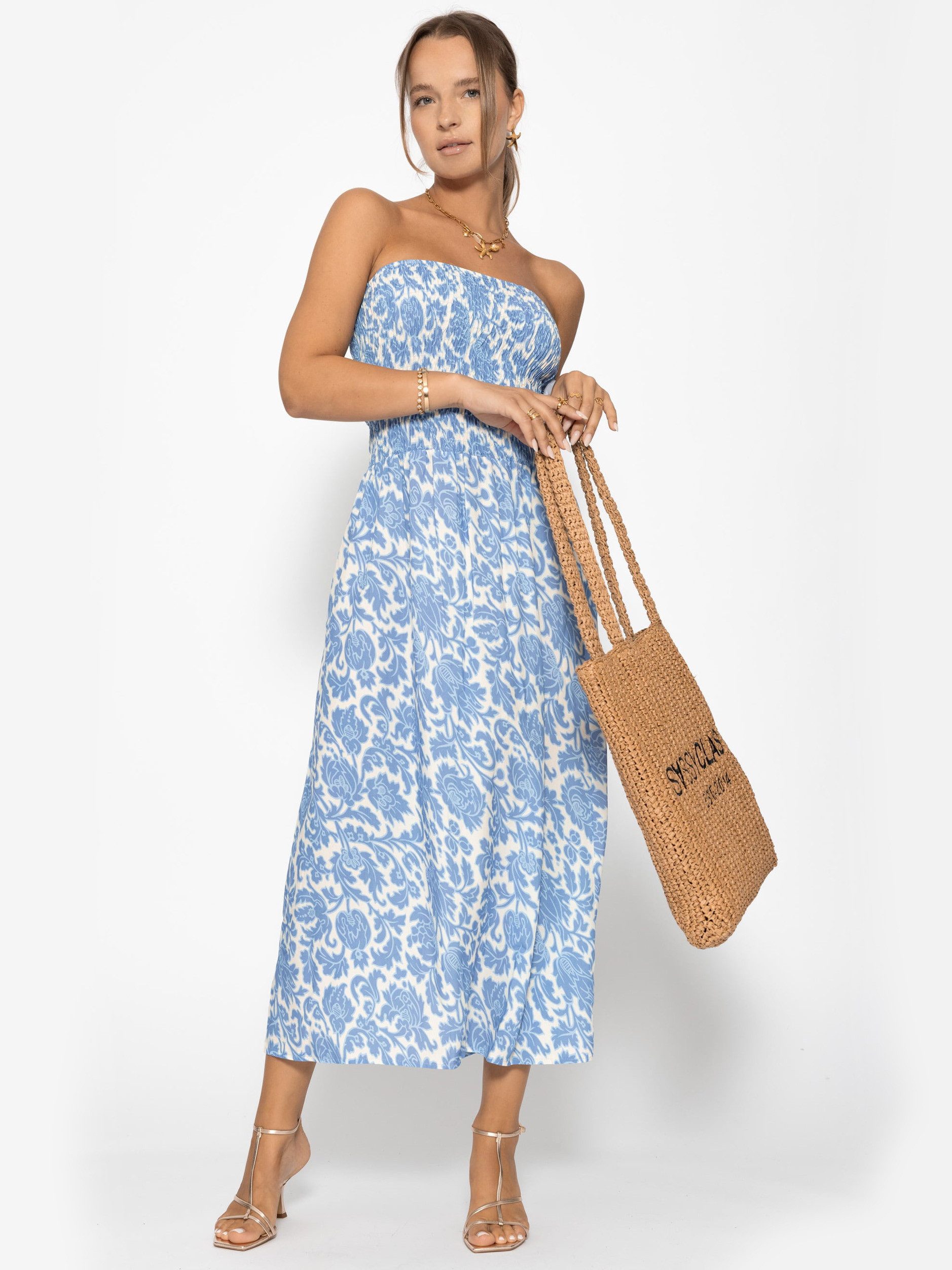 SASSYCLASSY Bandeaukleid Gesmoktes Bandeau-Kleid mit Print Damen trägerloses Midikleid mit gerafftem Bustier jeansblau