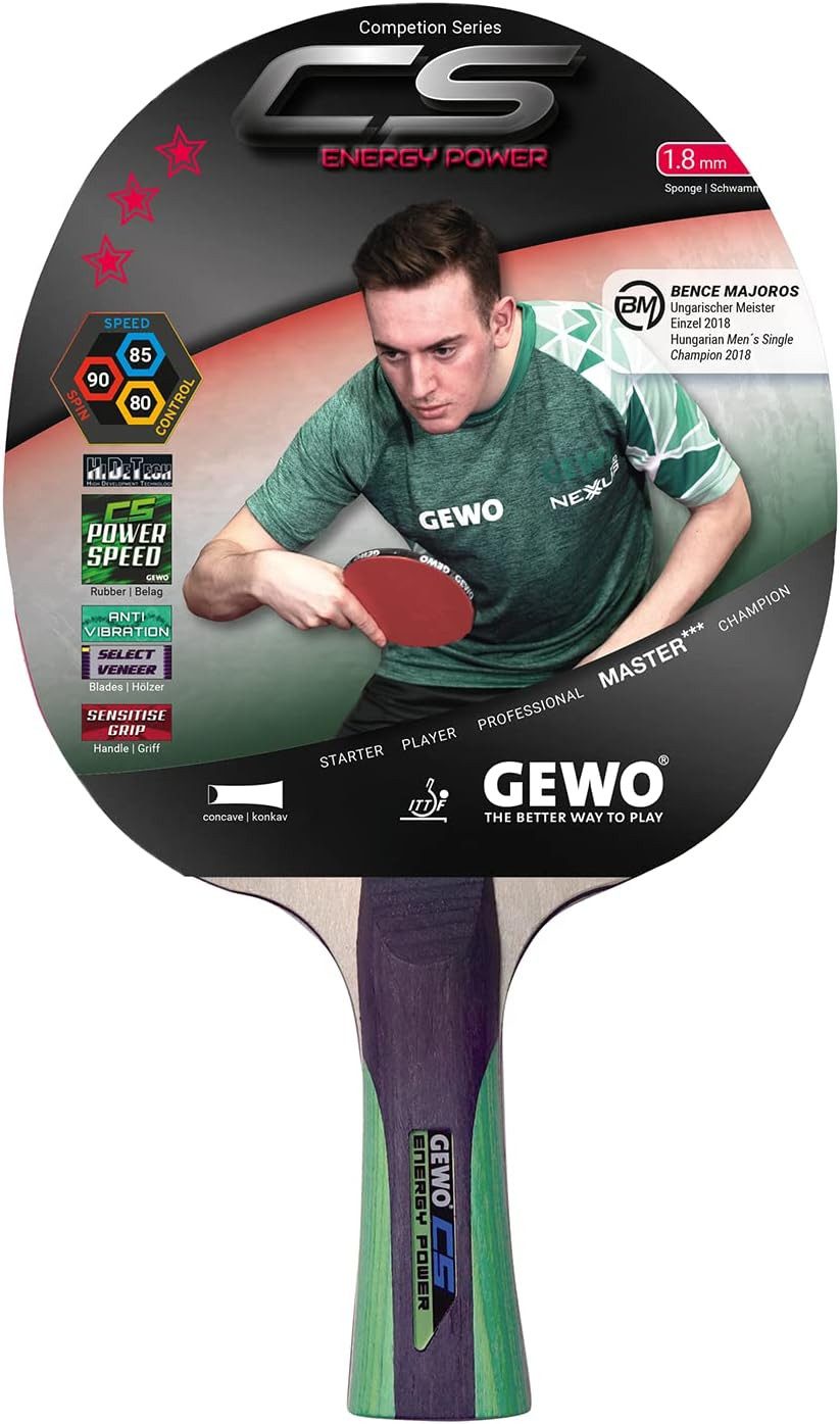 Tischtennisschläger CS Energy Power, Profi-Niveau, ITTF Belag 1,8 mm - konkav, rot-schwarz