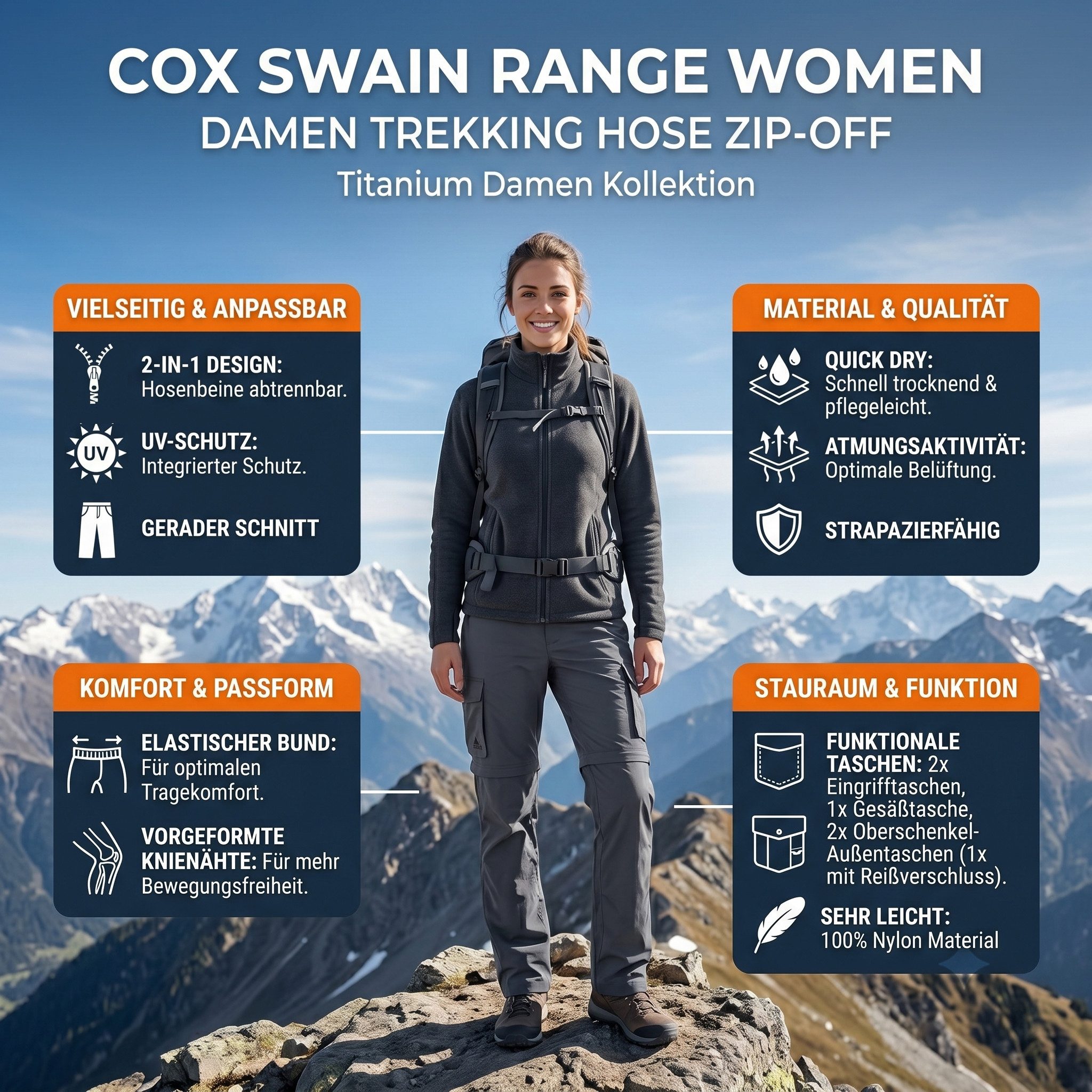 Cox Swain Trekkinghose Damen Outdoor‑Funktionshose, atmungsaktiv, schnelltrocknend leicht • robust • viele Taschen