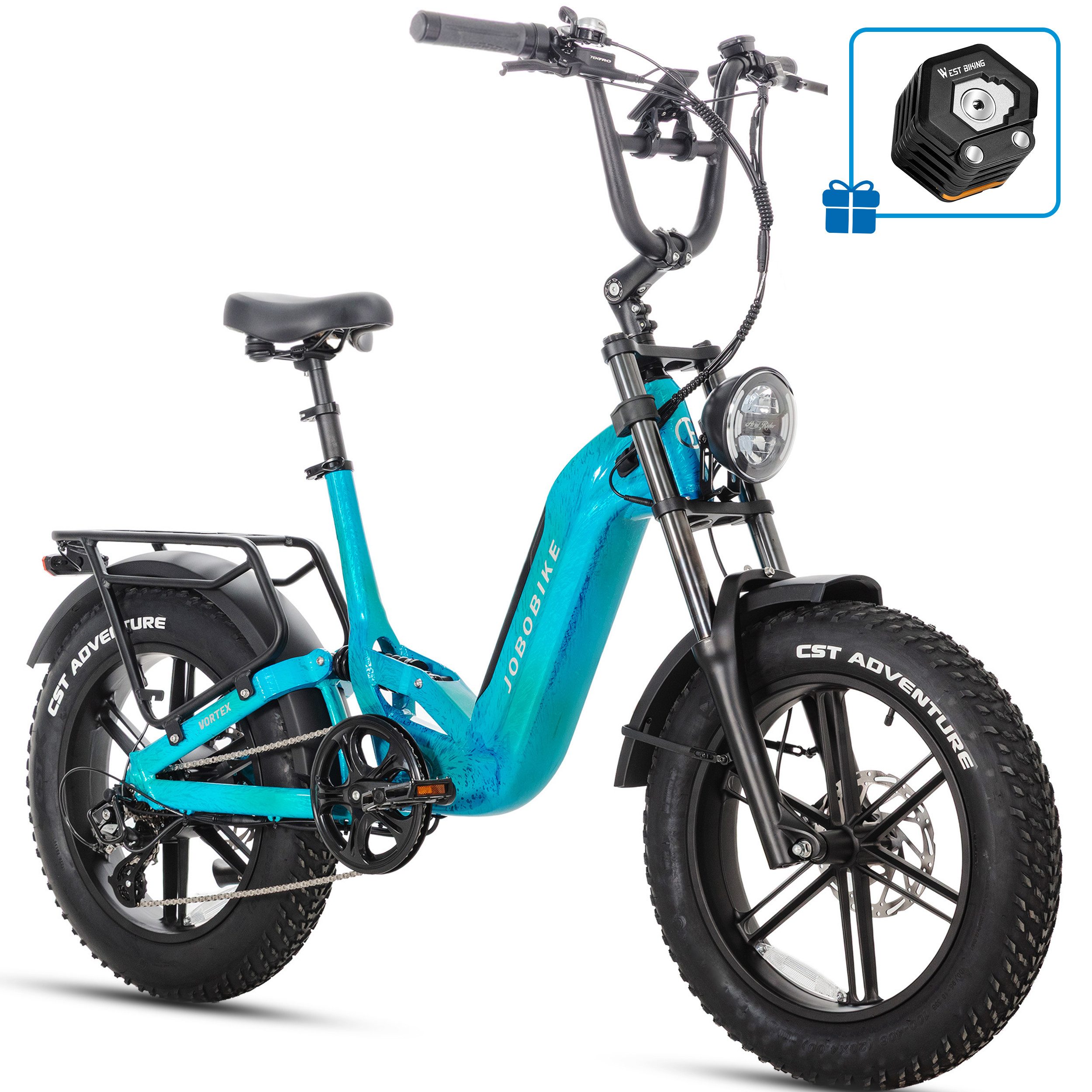 JOBOBIKE E-Bike Mountainbike 20x4,0 Zoll, 720Wh, 150km, Fully, Vollfederung, Lockout-Federgabel, 7 Gang Shimano, Kettenschaltung, Heckmotor, 720 Wh, (Hinterradfederung, LCD-Farbdisplay, integrierte & speichenlose Laufräder), Drehmomentsensor, 130 Lux Frontlicht, Bremslicht, Hydr. Bremsen