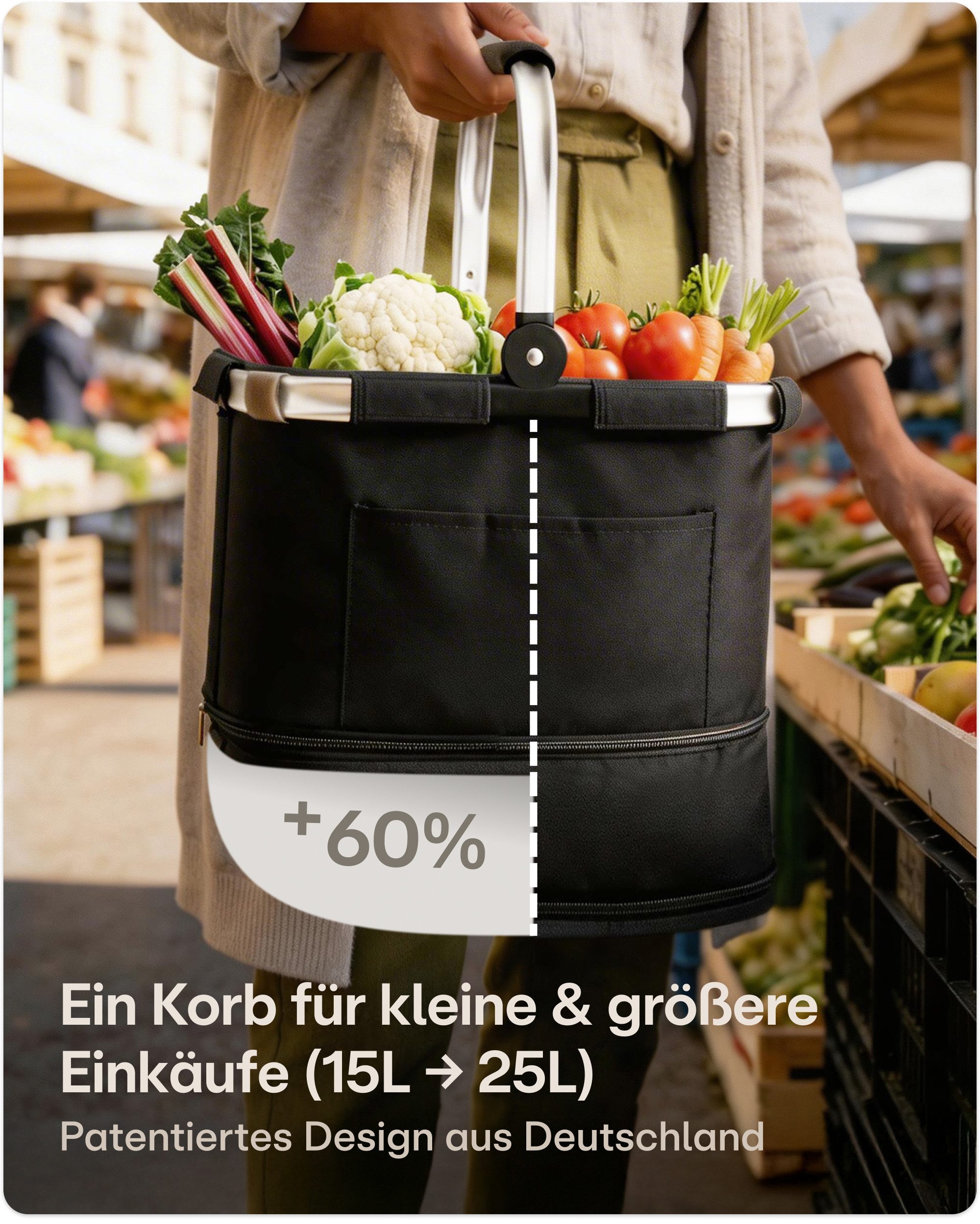 Praknu Einkaufskorb Einkaufskorb Faltbar – 2 in 1 Erweiterbar, Waschbarer Bezug, Tragekorb, 25 l, Stabil mit Alurahmen & Verstärktem Boden – Extra Fächer innen & außen