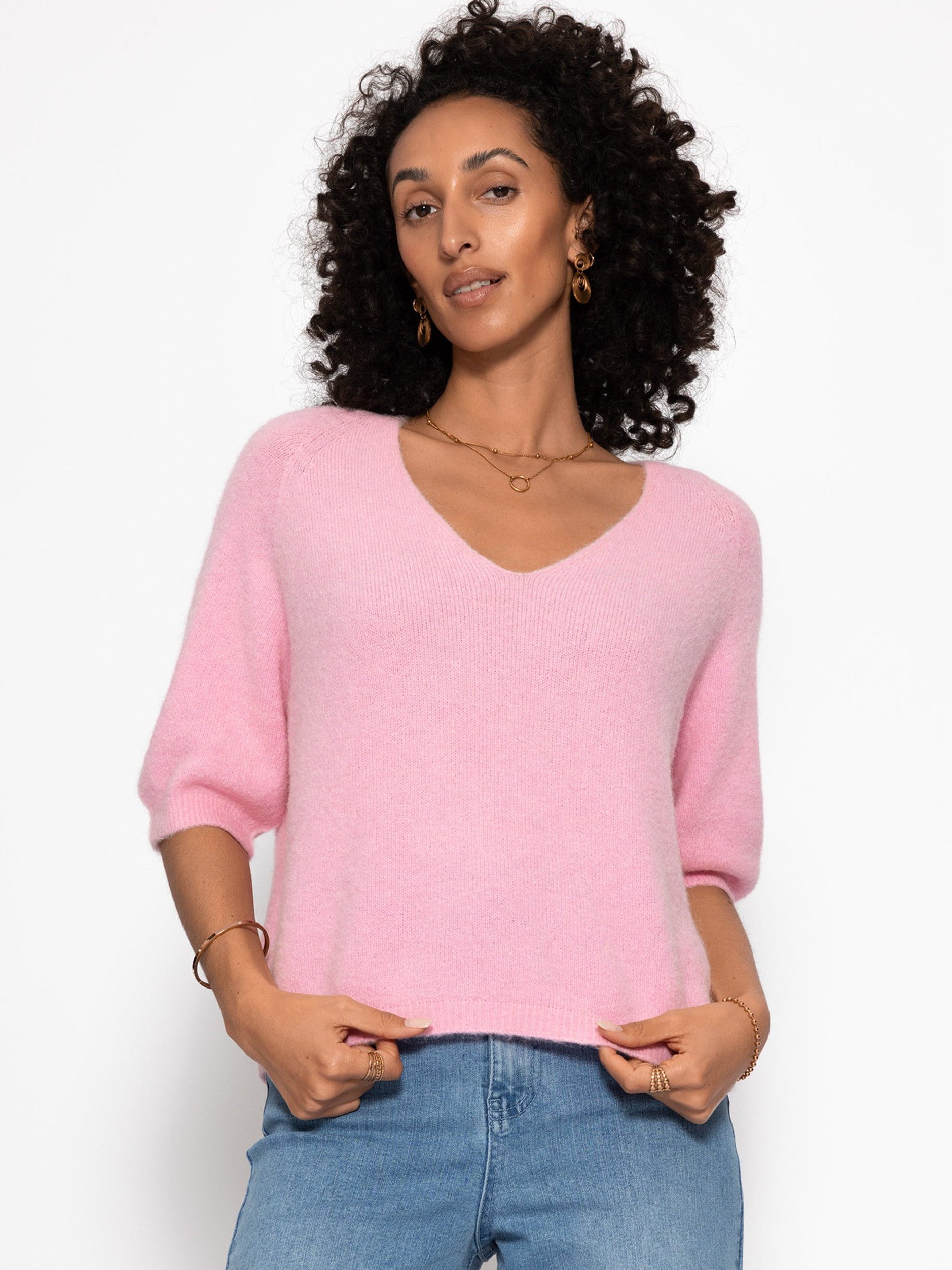 SASSYCLASSY Strickpullover Strickoberteil mit V-Ausschnitt für Damen Feinstrickpullover mit halblangen Ärmeln im lockeren Schnitt