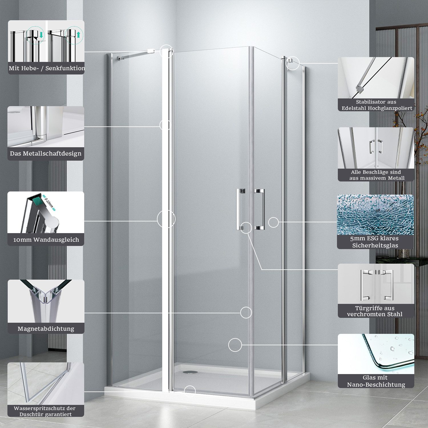 Hopibath Eckdusche falttür Duschkabine Eckeinstieg Nanobeschichtung, BxT: 75x75 cm, 5mm Sicherheitsglas, Falttürkabine mit Haltestangen, 120/100/90/80/75cm , Rechts-und Links montierbar