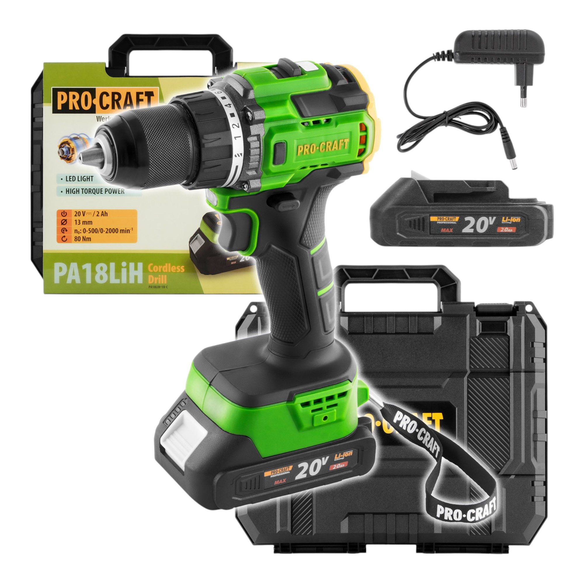 PRO CRAFT Akku-Schrauber PA18LiH-1B-C 20 V 80 Nm Brushless + 1x Akku 2,0Ah + Ladegerät + Koffer