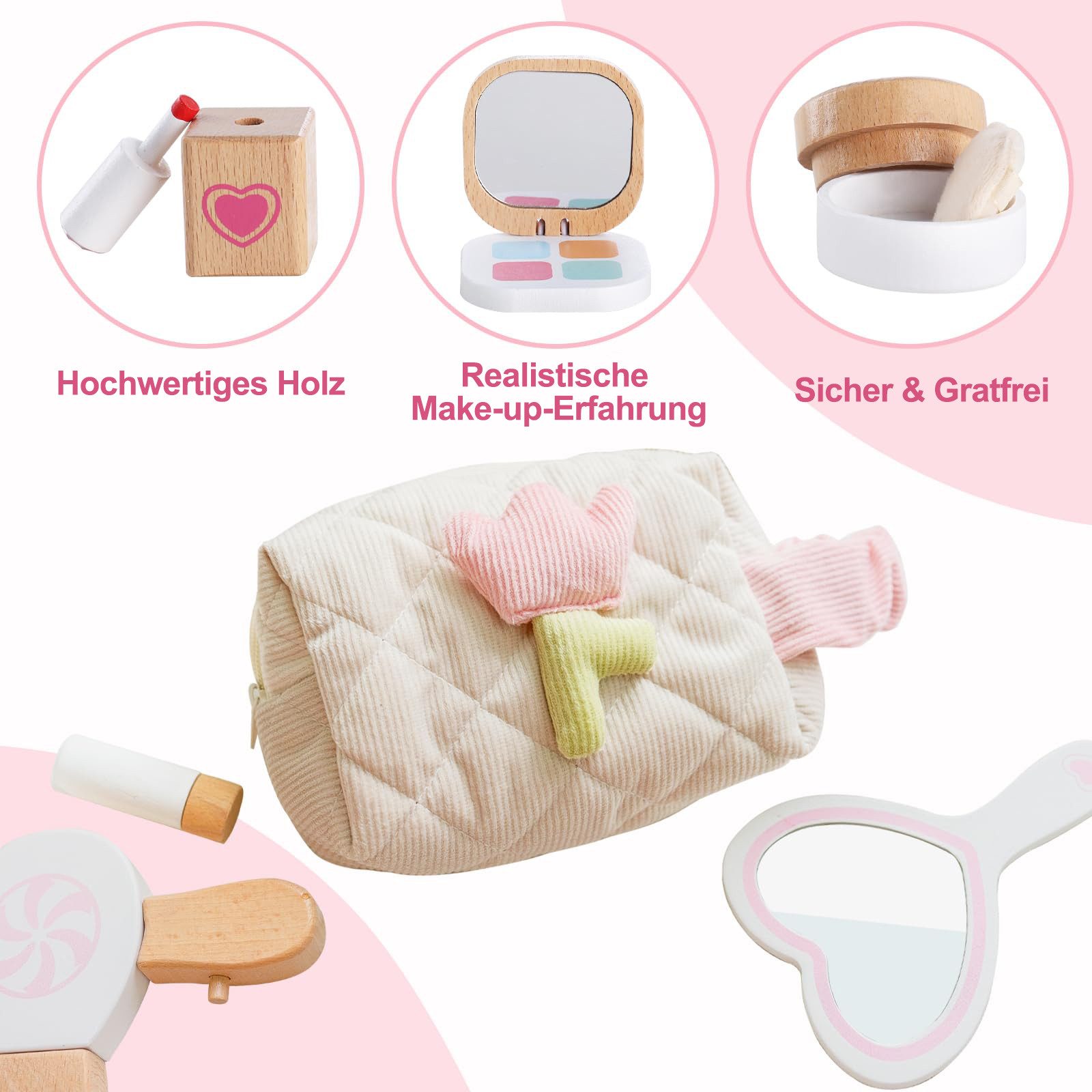 Esun Spielzeug-Frisierkoffer 16-Teiliges Schminkkoffer Mädchen Holzschminke Spielzeug Kinderschmink, (SET, Komplettset), Schminkset aus Holz für Kinder-Rollenspiele