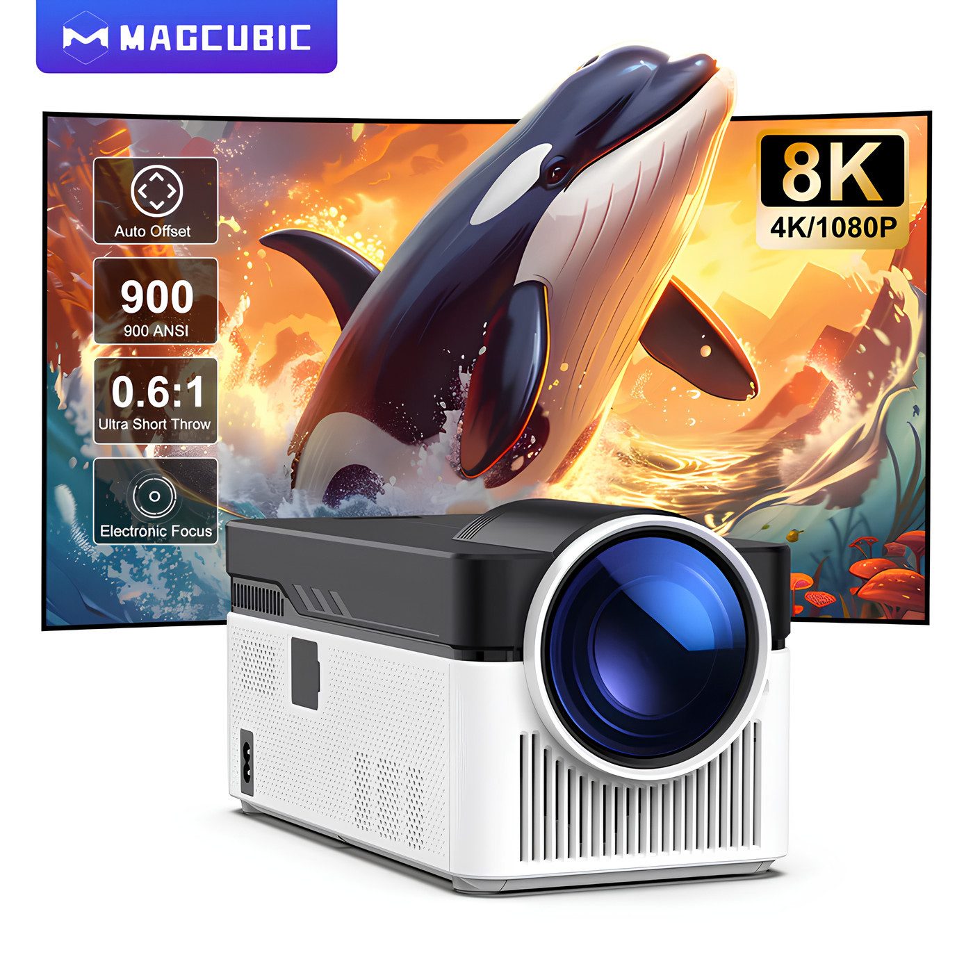 Magcubic HY450 8K Projektor 900 ANSI, WiFi 6, Bluetooth 5.4, Android 11 Beamer (8K px, 1080P Nativ, 4K/8K Unterstützung, HiFi-Stereolautsprecher, Wifi 6)