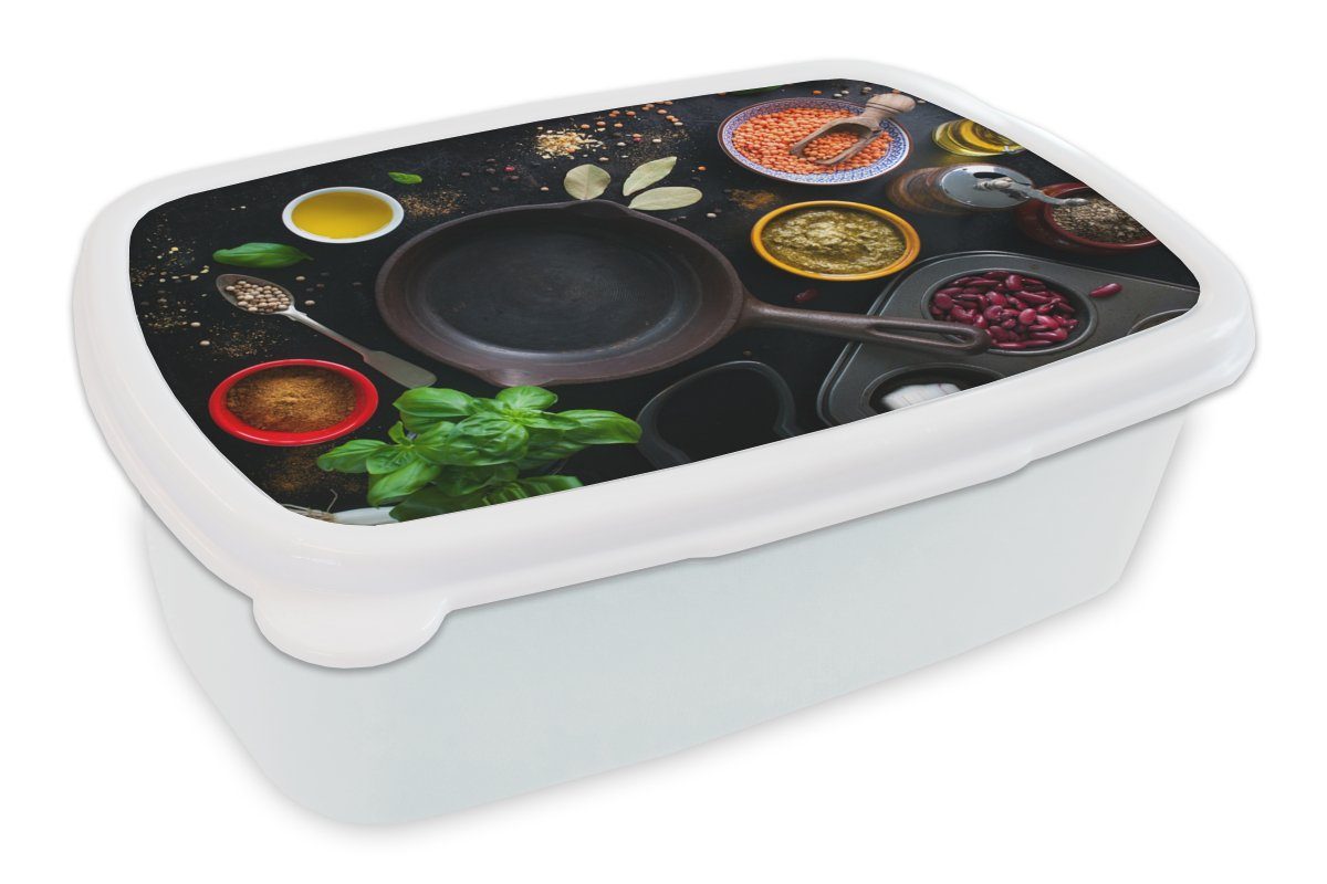 MuchoWow Lunchbox Kräuter - Gemüse - Pfanne, Kunststoff, (2-tlg), Brotbox für Kinder und Erwachsene, Brotdose, für Jungs und Mädchen weiß | Lunchboxen