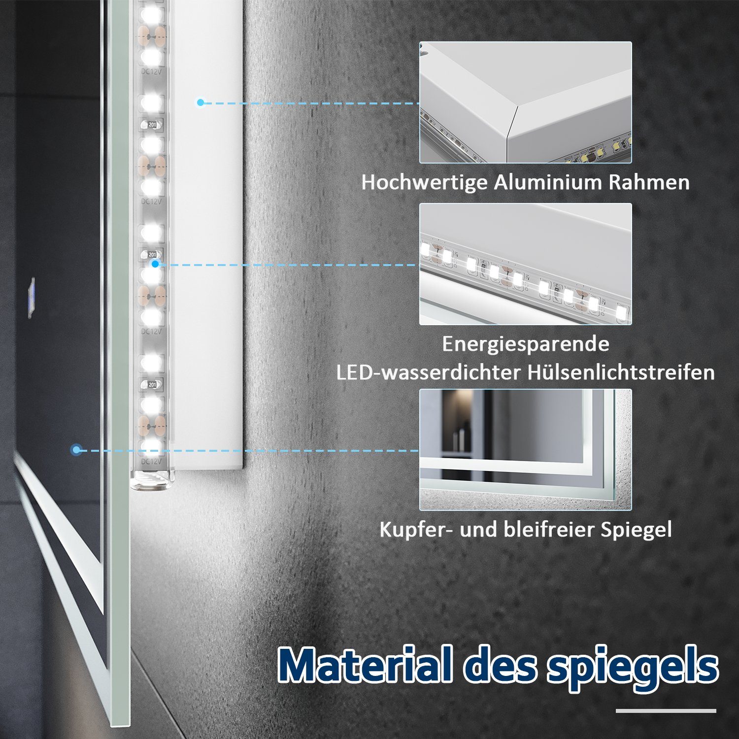 Beleuchtung, Anti-Beschlag-Funktion, Badspiegel LED-Anzeige Bluetooth-Lautsprecher, x 120 SONNI 70, mit