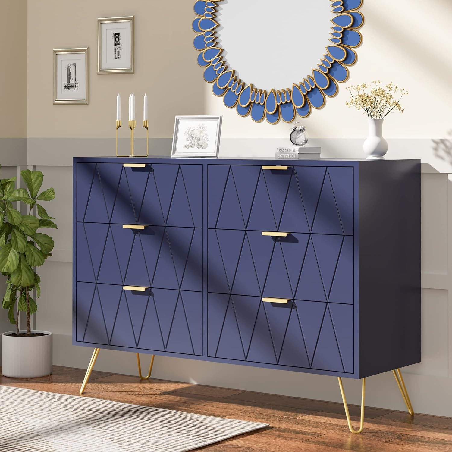 UEV Kommode mit 6 Schubladen, Sideboard für Schlafzimmer Wohnzimmer (100 x 34 x 73 cm Mehrzweckschrank mit gold Fuß, Highboard, Sideboard mit Schubladen, Schmal kommode), Küchenschrank Buffet TV Board Schrank mit Füße Aufbewahrungsschrank