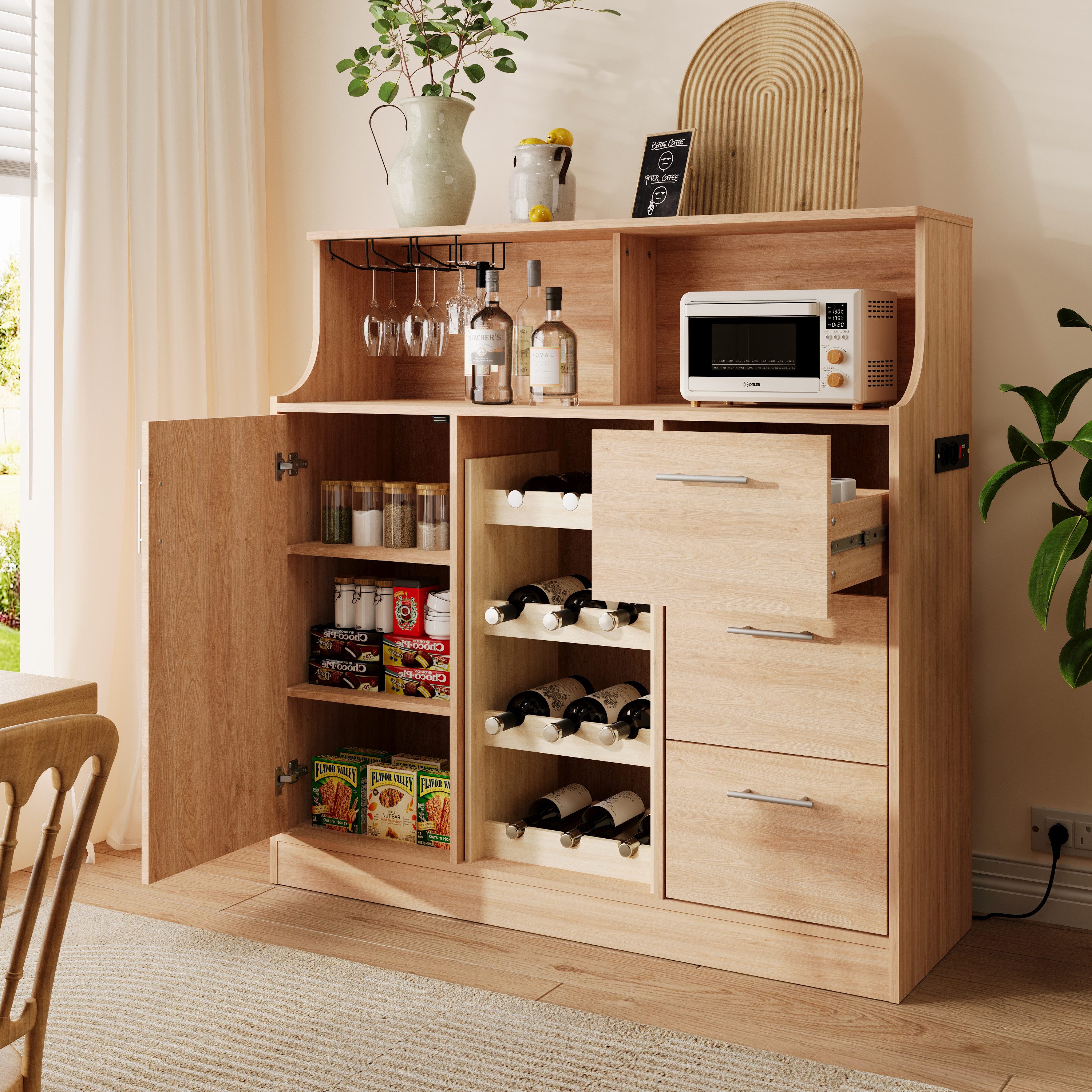 REDOM Sideboard LED-Bar-Sideboard mit integrierten Steckdosen & Gläserhaltern (120x121x40 cm, 1 St., Weinregal & mehrere Staufächer für Geschirr & Zubehör), Ideal als Theke & Aufbewahrung in Küche, Bar & Bistro