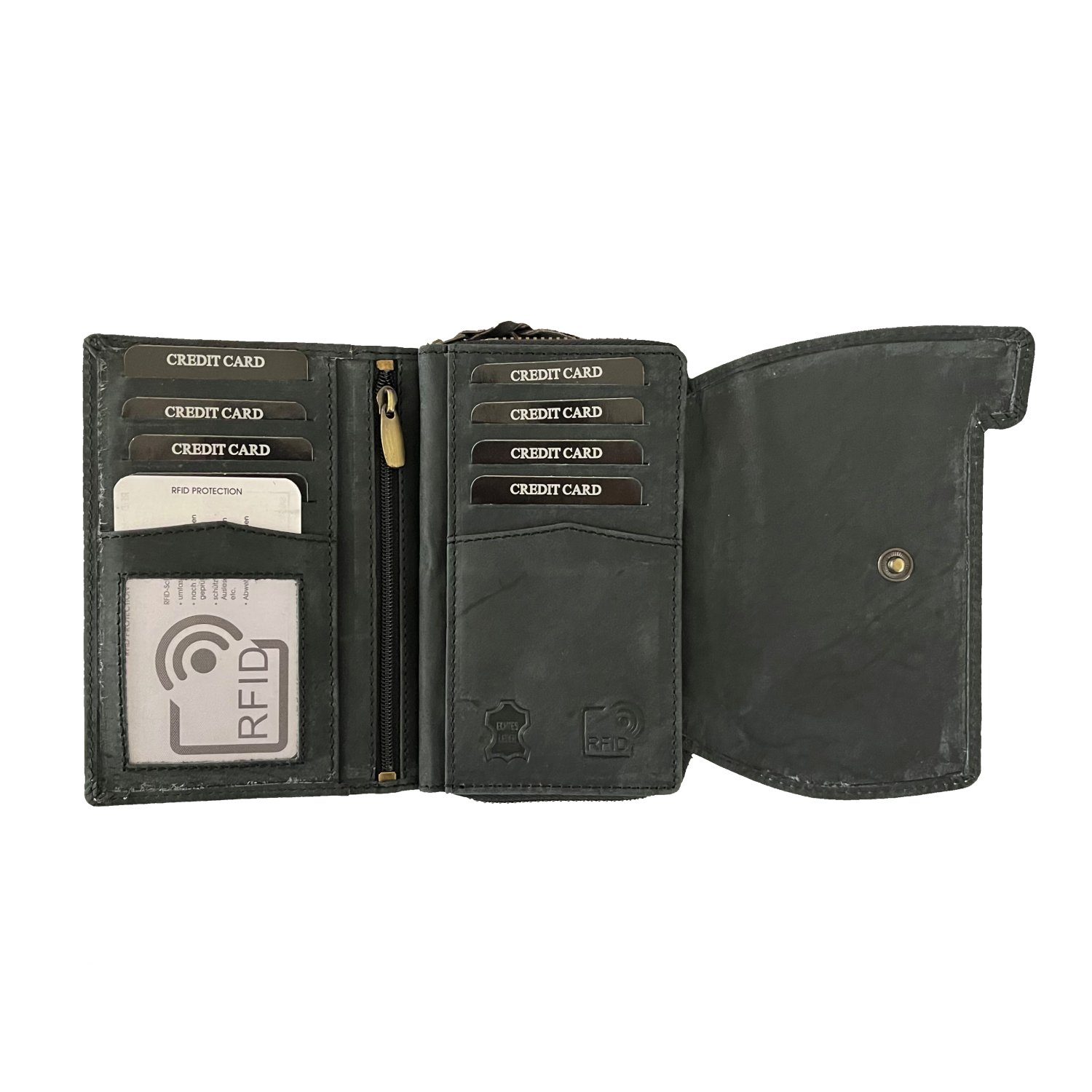 >BH-2679<, Portemonnaie, Graphit Kartenetui mit Geldbeutel Geldbörse Büffelleder eleganter RFID-Schutz Kartenfächern 12 in Damen Buffalo mit Hill