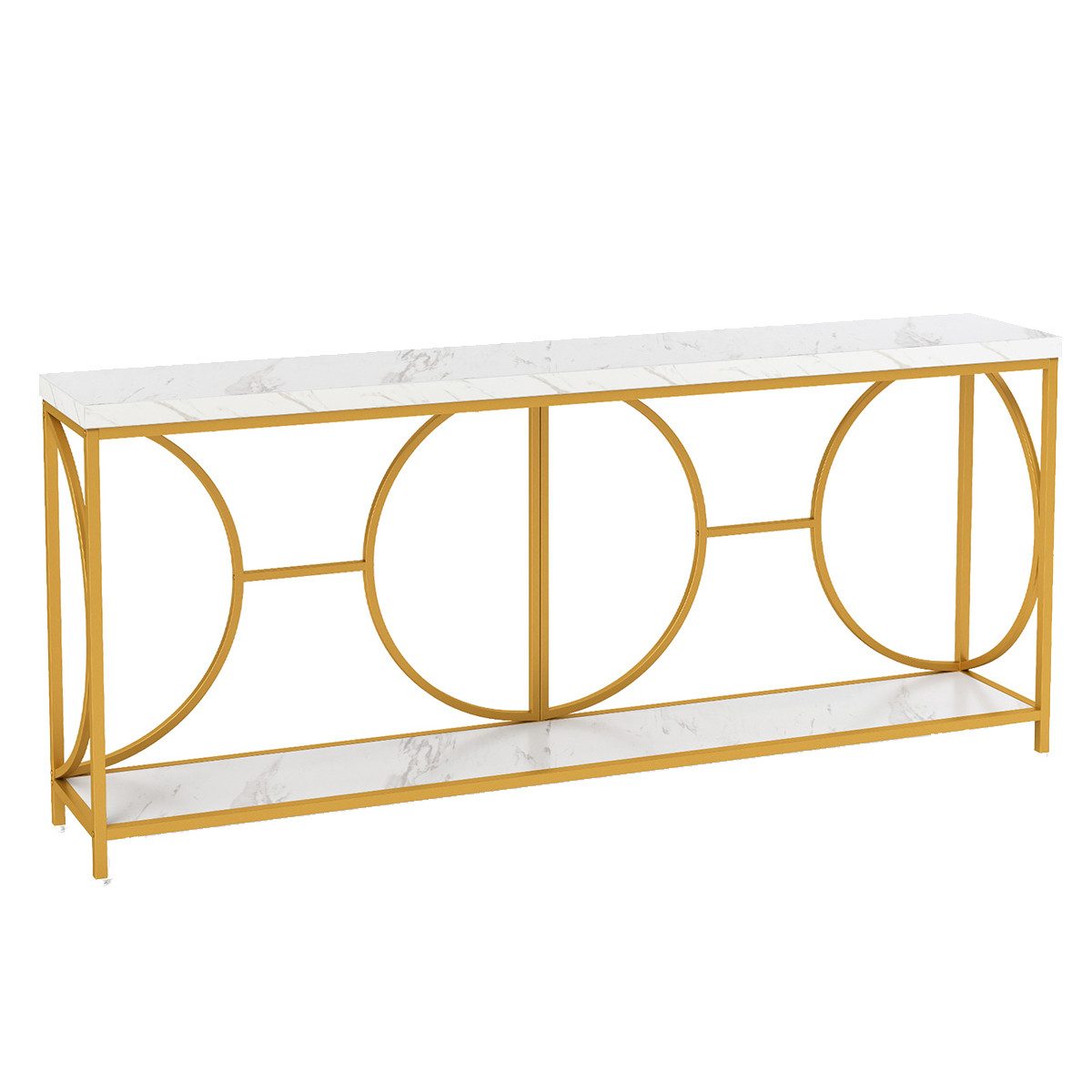 COSTWAY Konsolentisch, schmal Marmor, mit geometrischem Metallrahmen, gold