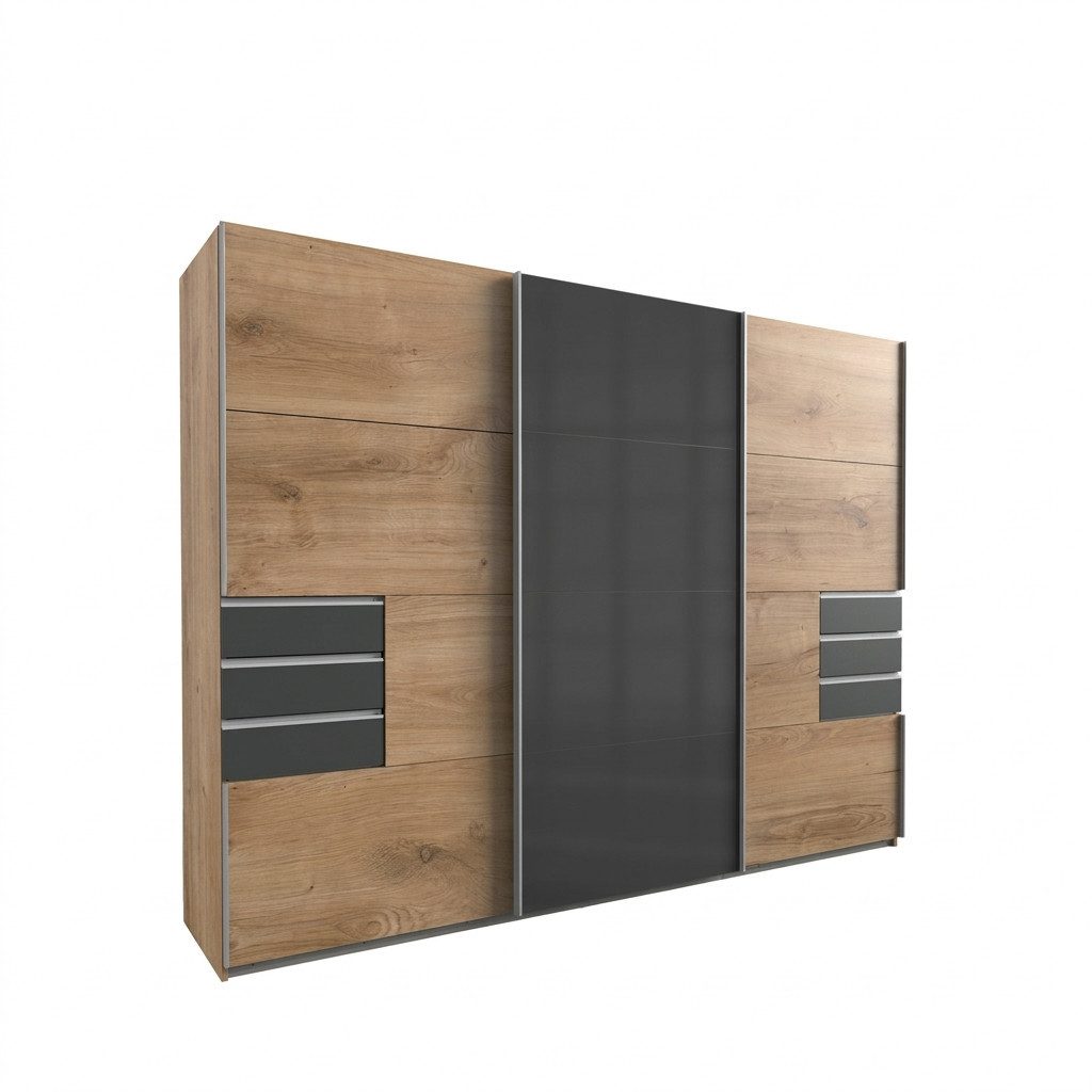 luma-home Schwebetürenschrank 22611 (B270/H208/T64 cm Kleiderschrank mit Vollausstattung, alufarbige Griffleisten) in Eiche Dekor, 6 sichtbare Schubladen in Grafit, Mitteltür Glas Grau