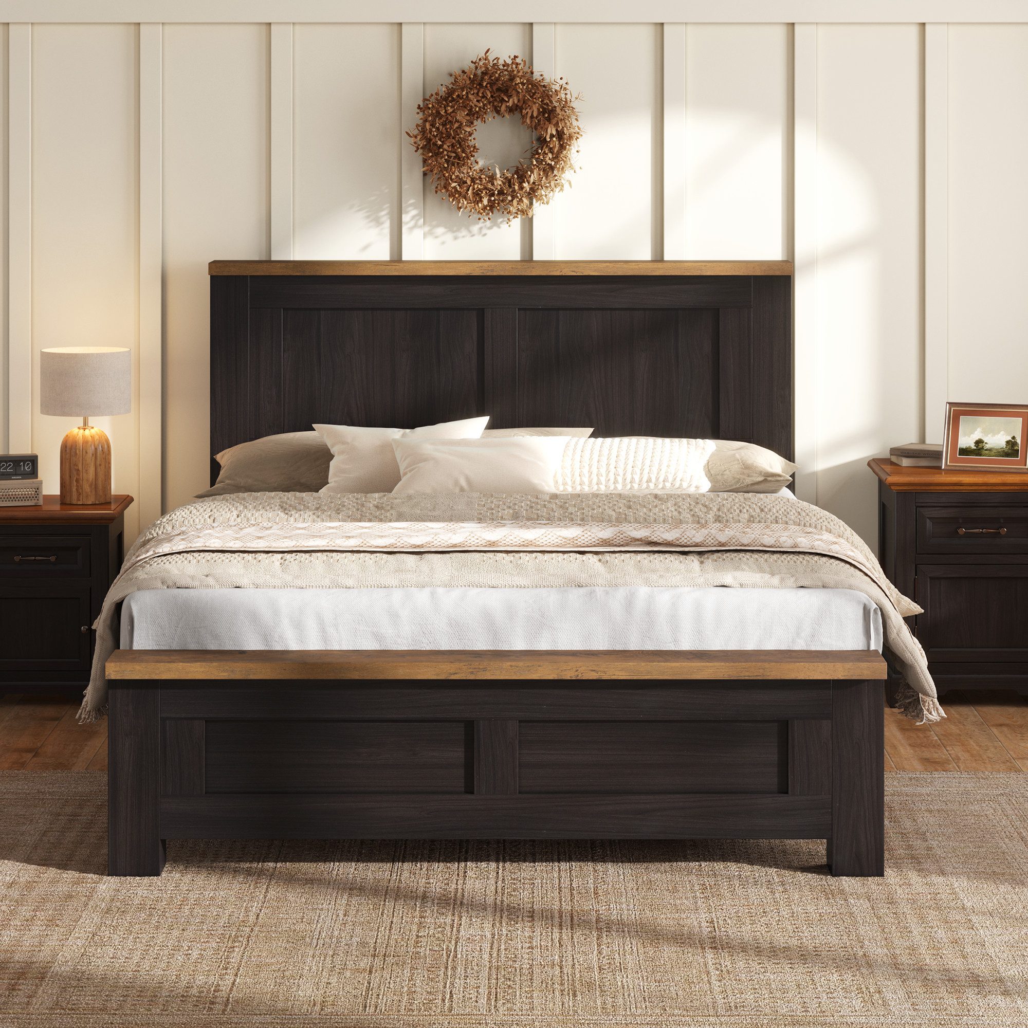 AMERLIFE Holzbett 140x200cm mit Paneelkopfteil, Lattenrost, Weiß (1-tlg), Geräuschfrei