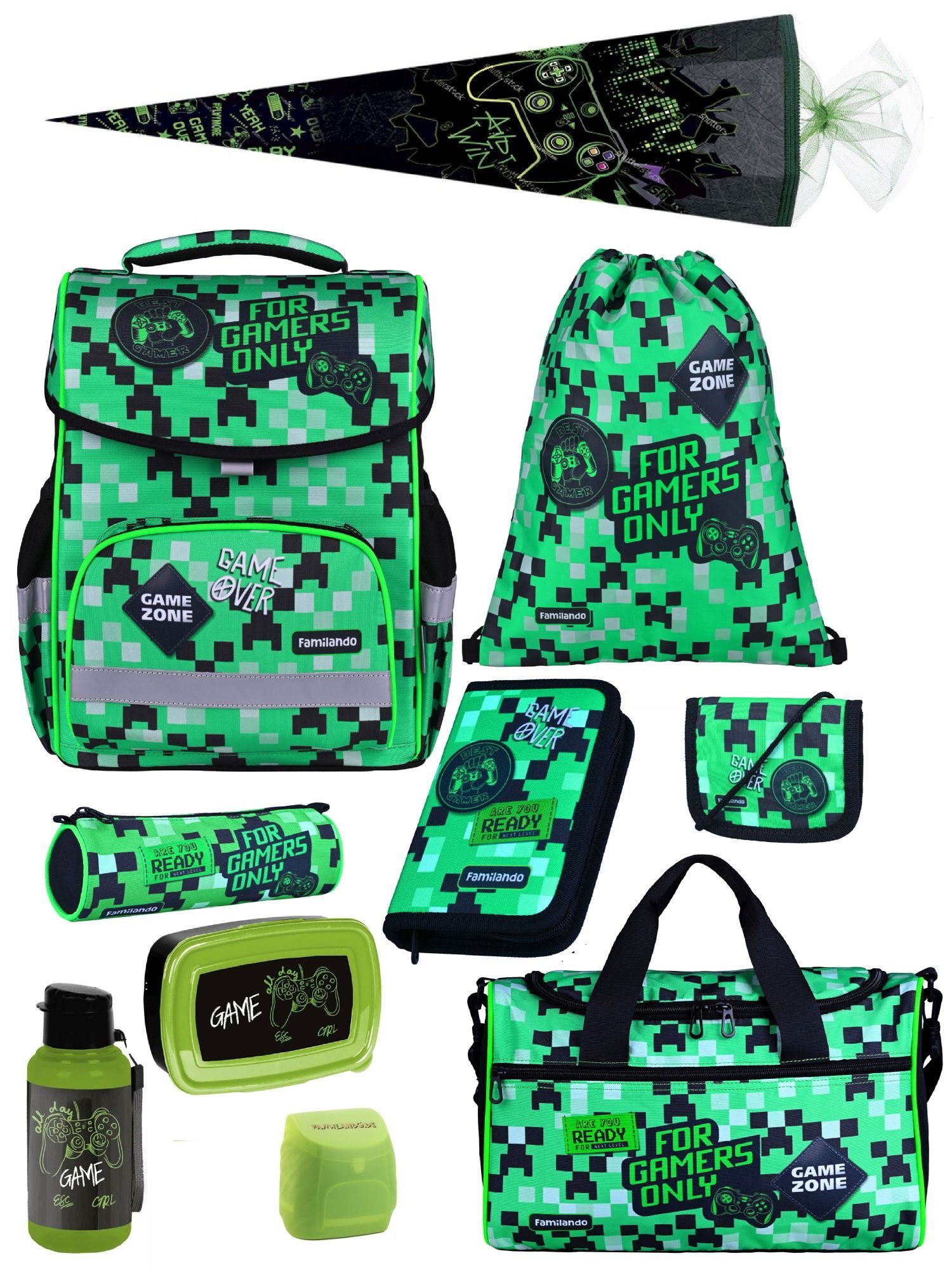 Familando Schulranzen Basic Plus 1.-4. Klasse ergonomisch, leicht, Volumen 15 Liter (Set, 10-tlg., inkl. Sporttasche und Schultüte / Zuckertüte 85cm), Gamer Pixel Playworld Motiv