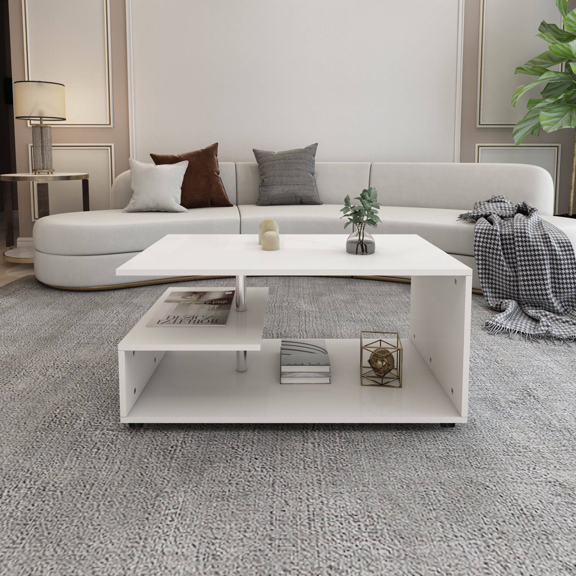 Beistelltisch Modern Wohnzimmertisch Holztisch, Weiß Metall Geräumig Wohnzimmermöbel Ablageflächen mit ML-DESIGN Couchtisch 91x41x52,6cm Dekostange Kaffeetisch