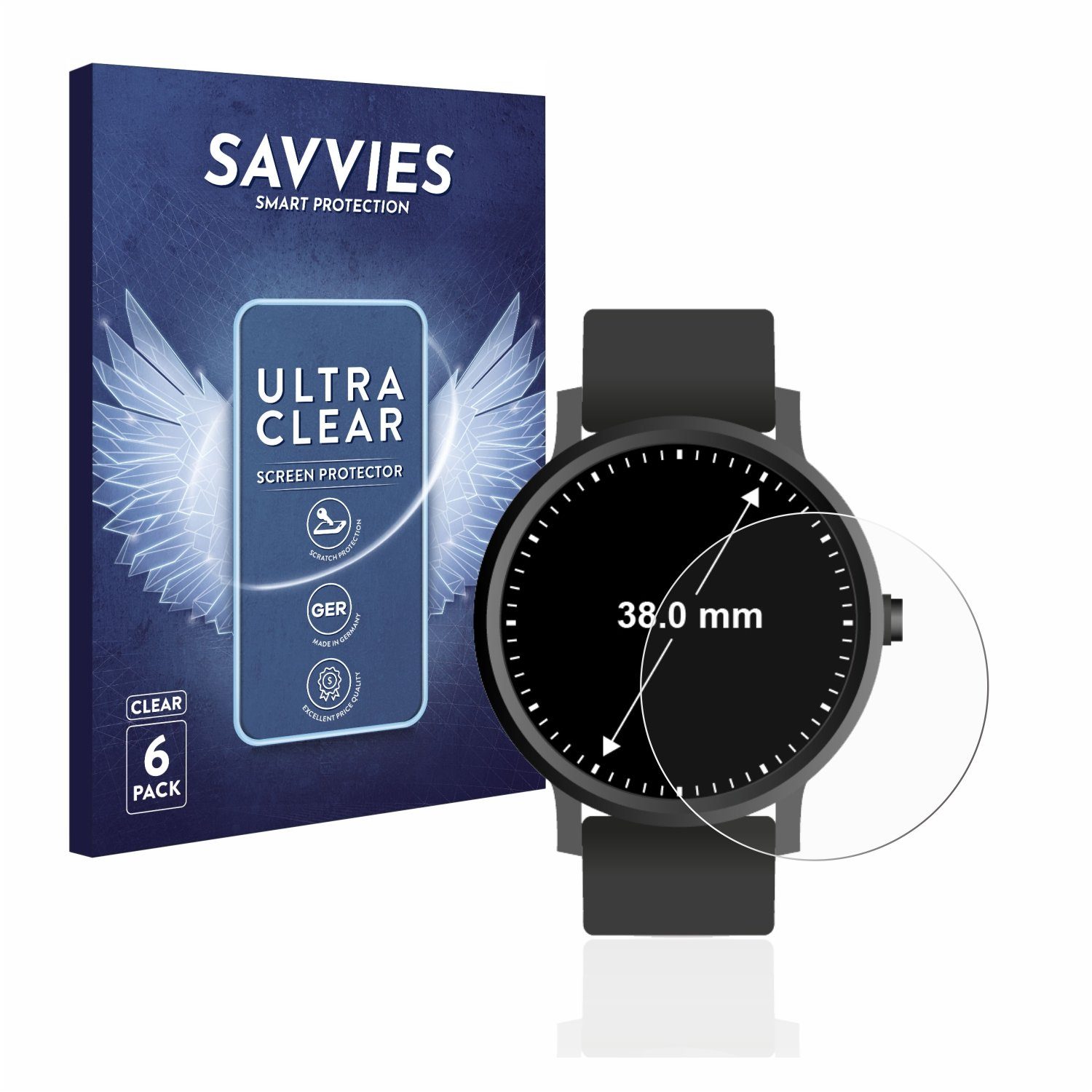 Savvies Displayschutzfolie Schutzfolie für Armbanduhren (Kreisrund, ø: 38 mm), 6 Stück, Displayschutz Schutz Folie Klar Transparent
