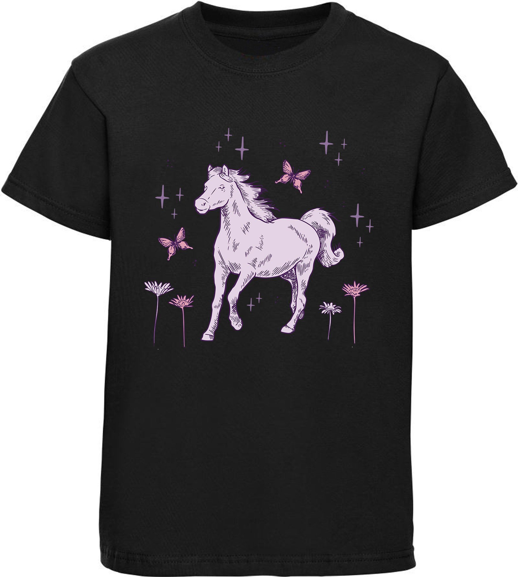 MyDesign24 Print-Shirt bedrucktes Mädchen T-Shirt galoppierendes Pferd und Blumen Baumwollshirt mit Aufdruck, i144 schwarz