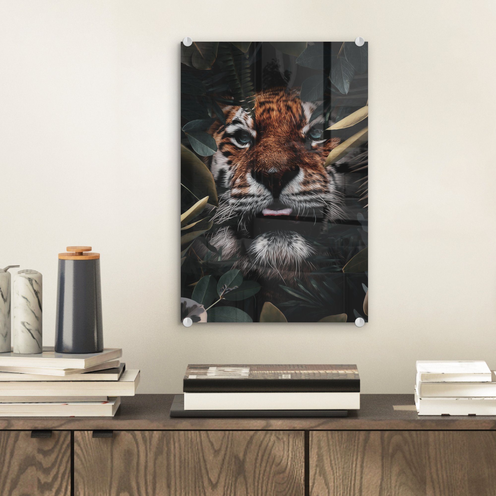 MuchoWow Acrylglasbild Tiger - Nahaufnahme Bilder Glas Pflanzen, - - auf Wanddekoration bunt auf - Glasbilder Foto Glas (1 Wandbild - St)