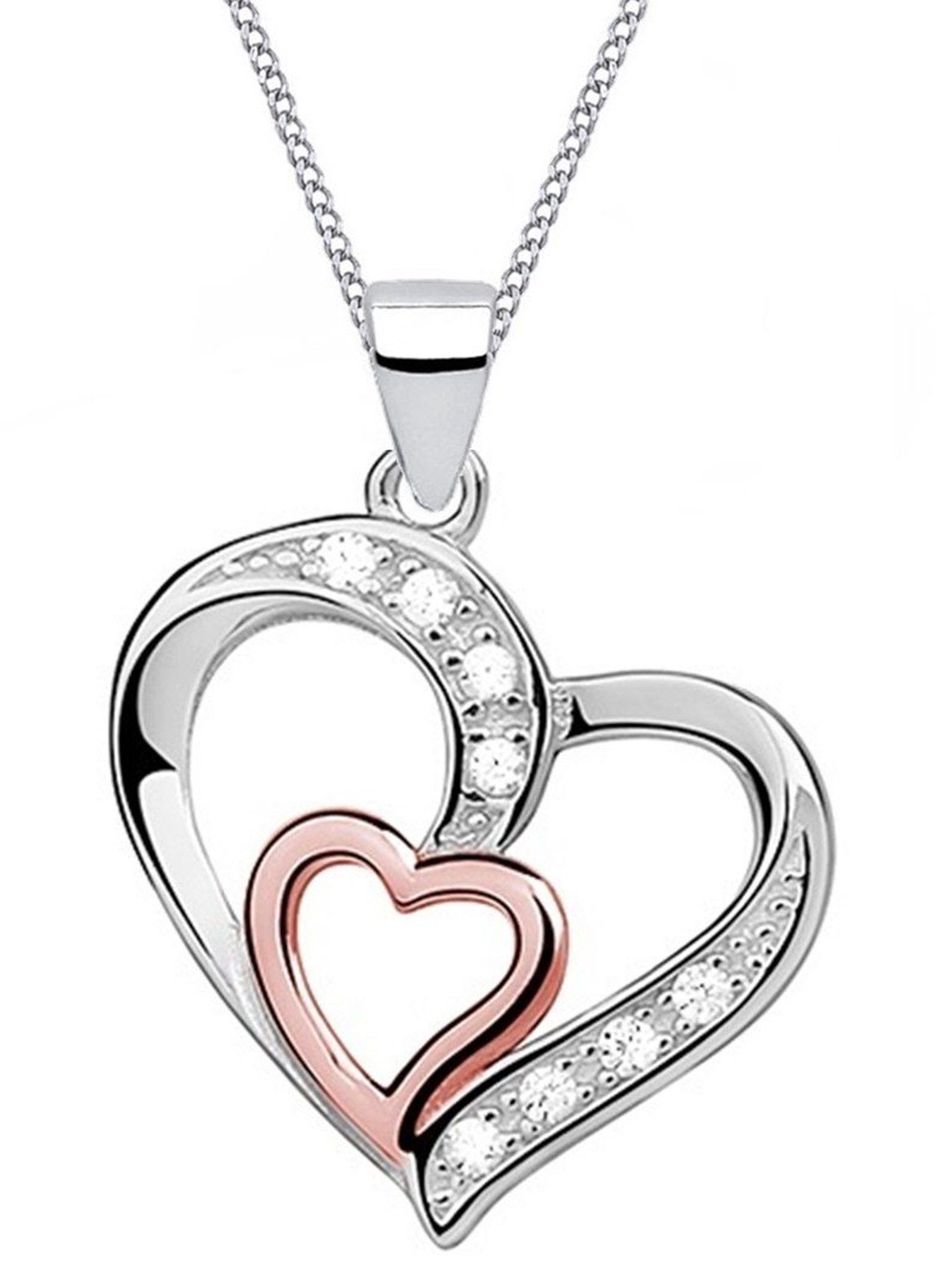 Herzkette Doppelherz Anhänger mit Kette 925 Silber Rhodiniert Damen Halskette