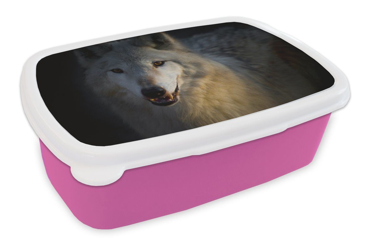MuchoWow Lunchbox Nahaufnahme eines arktischen Wolfs, Kunststoff, (2-tlg), Brotbox für Erwachsene, Brotdose Kinder, Snackbox, Mädchen, Kunststoff rosa