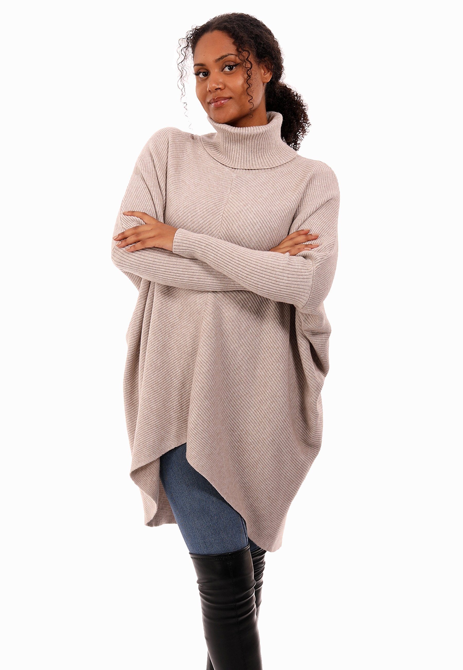 YC Fashion & Style Longpullover Strickpullover asymmetrisch Plus Size mit Rollkragen (1-tlg) in Unifarbe, mit überschnittenen Schultern wollweiß