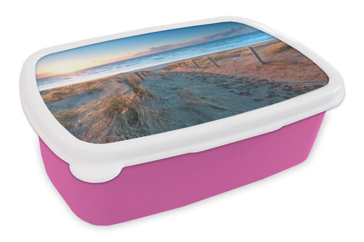 MuchoWow Lunchbox Strand - Meer - Sonne - Düne, Kunststoff, (2-tlg), Brotbox für Erwachsene, Brotdose Kinder, Snackbox, Mädchen, Kunststoff rosa
