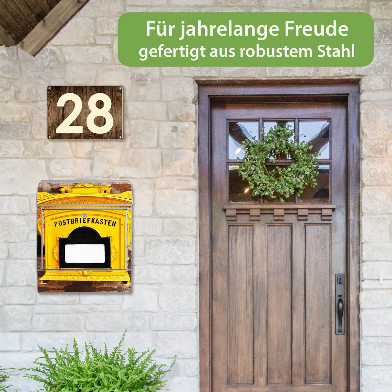banjado Wandbriefkasten Silber Stahl mit Motiv Historischer Postkasten (Wandbriefkasten witterungsbeständig, pulverbeschichtet, mit Zeitungsfach), 47 x 39 x 14 cm