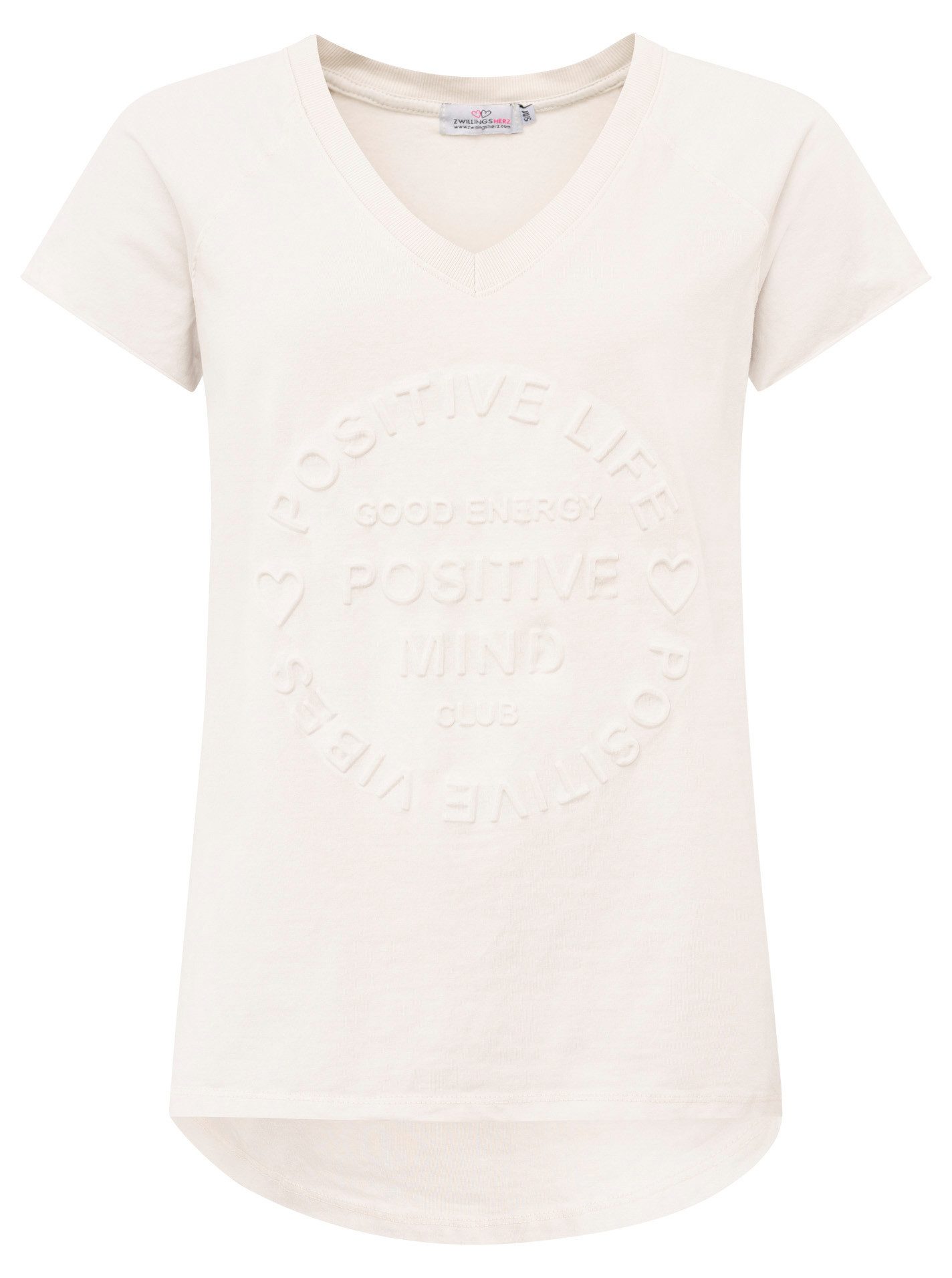 Zwillingsherz Kurzarmshirt "Positive Mind" V-Ausschnitt, Kurzarm, hinten etwas länger, Baumwollmischung