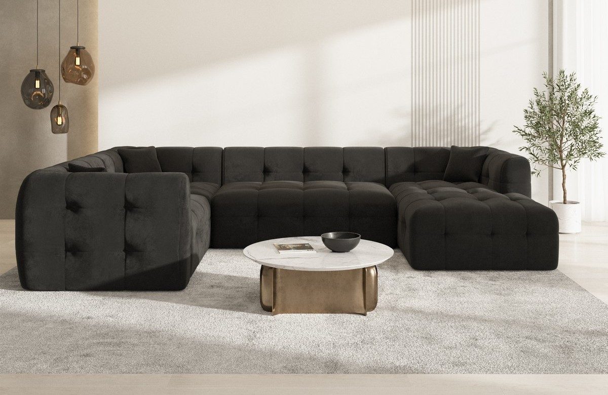 Sofa Dreams Wohnlandschaft Sevilla U Form Polster Loungesofa, 6-Sitzer, Loungesofa, Samtstoff Schwarz, Ottomane rechts