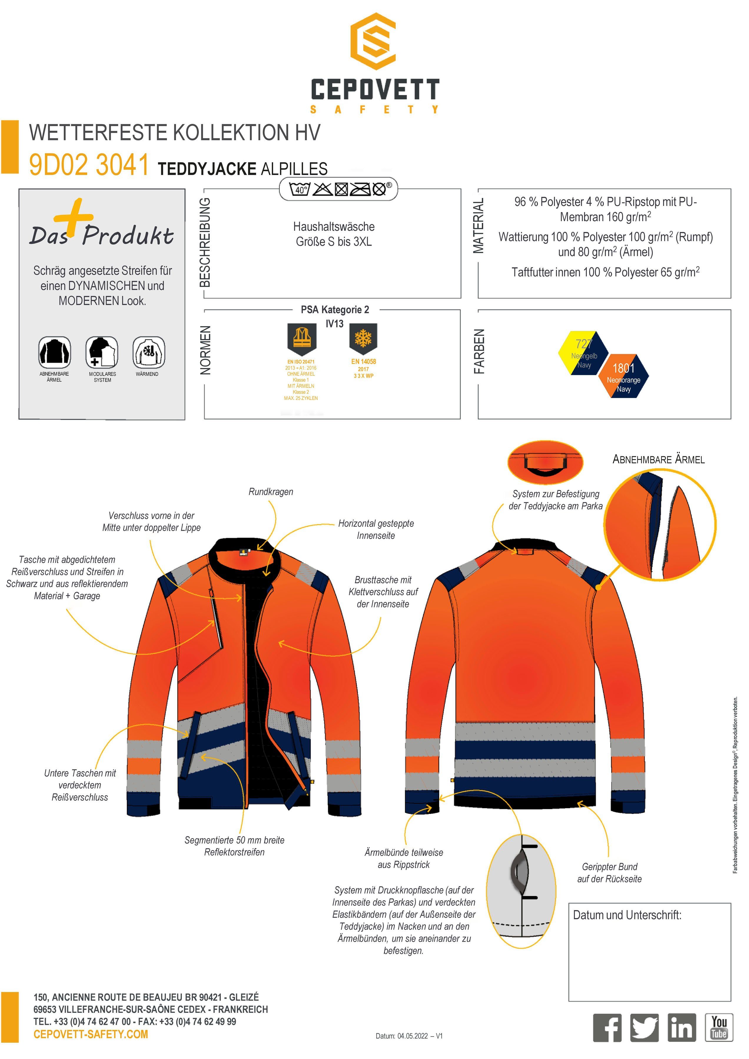 NAVY ORANGE Hochsichtbare Warnschutz, FLUO / 3XL, S PU-Membrane Unisex Arbeitsjacke Teddy-Jacke "Alpilles" Cepovett Gr. -