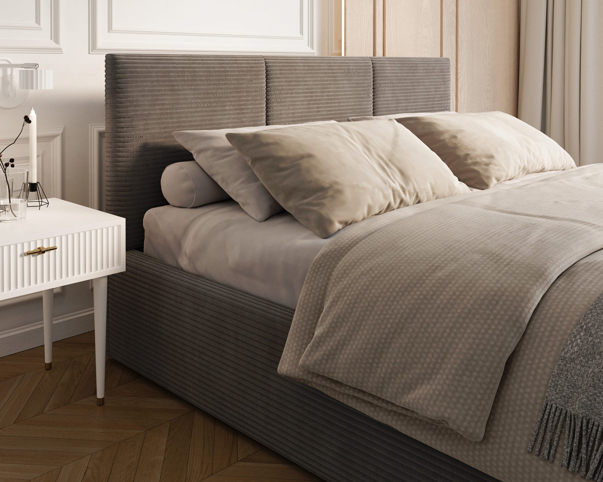thematys Polsterbett mit Bettkasten & Lattenrost – Stauraumbett Cord 120x200–180x200 (Optional mit 28 cm H3/H4 Taschenfederkern oder 23 cm Taschenfederkern-Matratze H2)