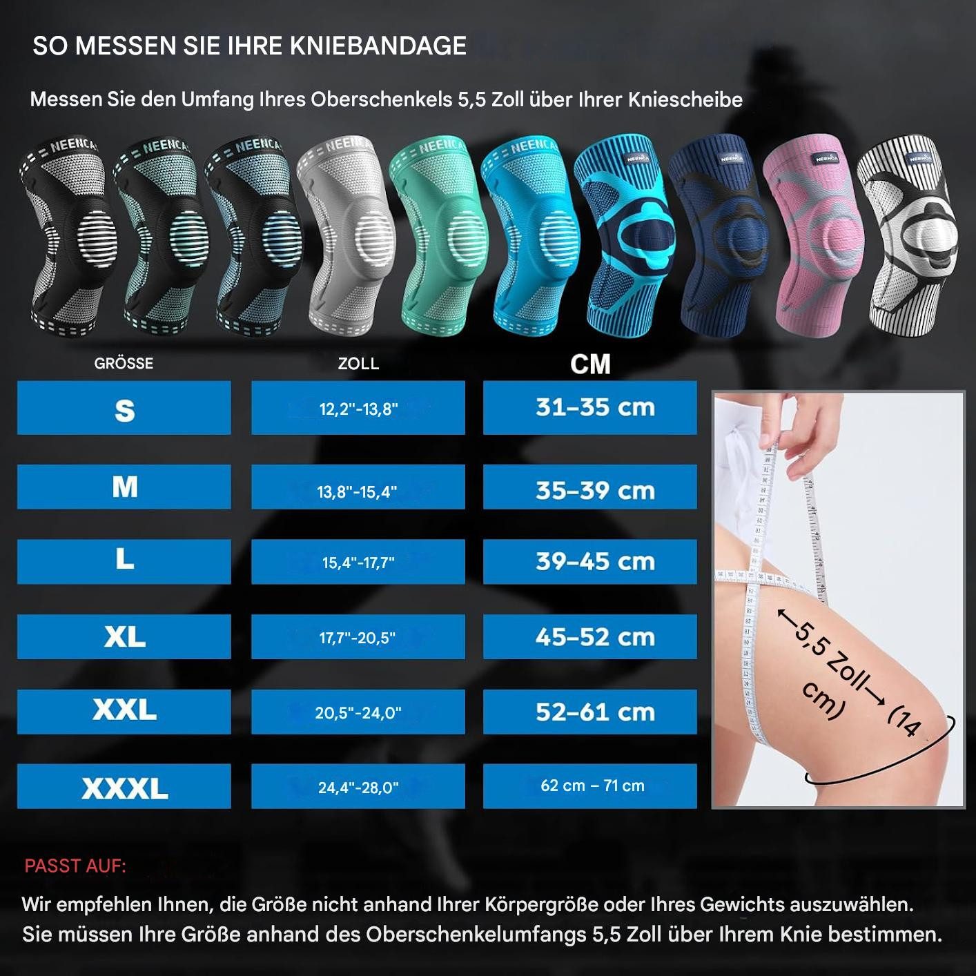 NEENCA Kniebandage Kniebandage Kompression Sportbandage Gelenkstütze atmungsaktiv (Elastische Kompressions-Kniebandage, vielseitig einsetzbar im Sport, Kniestütze mit Gelenkstütze für Sport, Training & Alltag), Stützende Kniebandage mit Kompression, atmungsaktiv & rutschfest