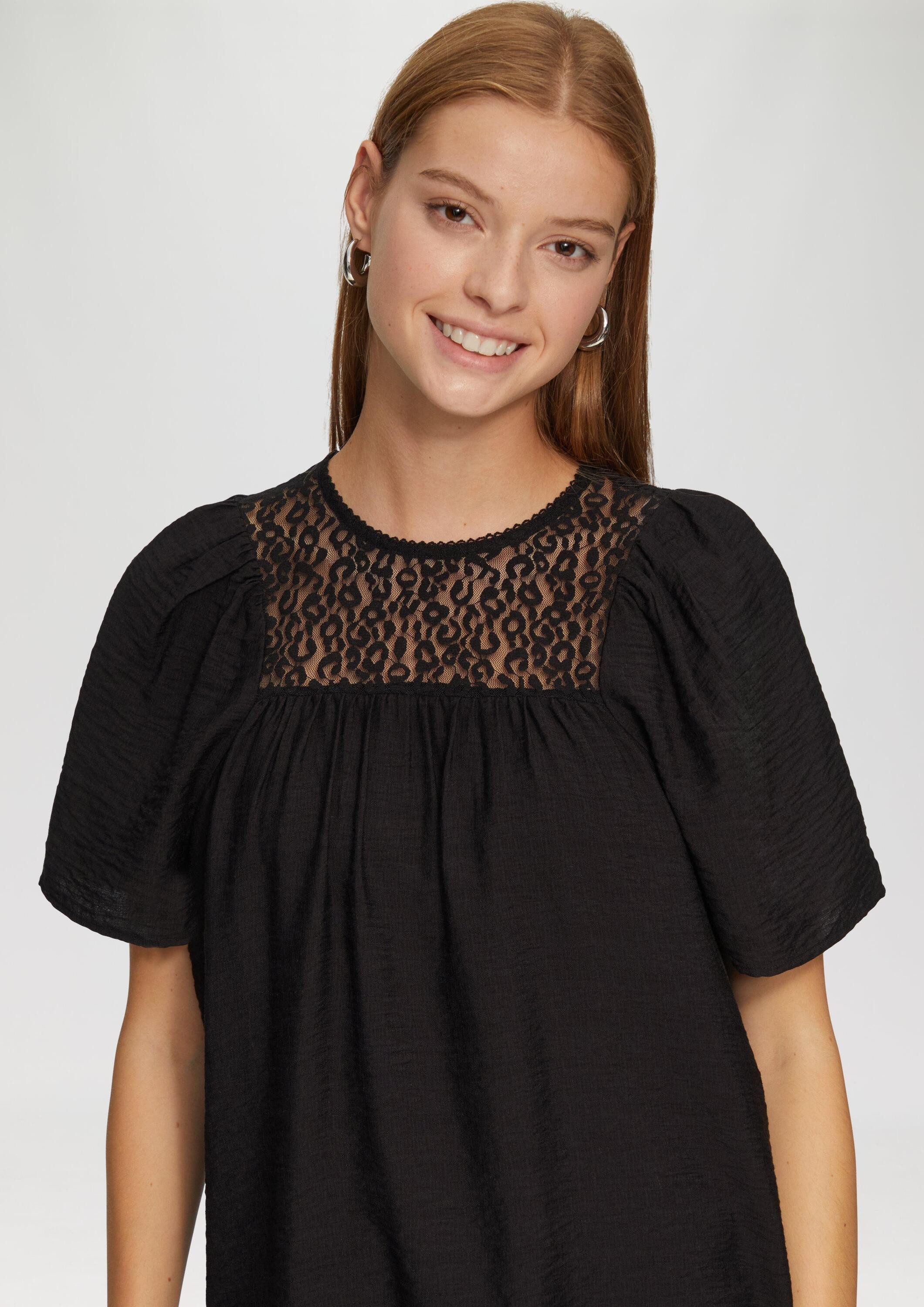 QS Kurzarmbluse Bluse Bluse mit Leo-Spitze