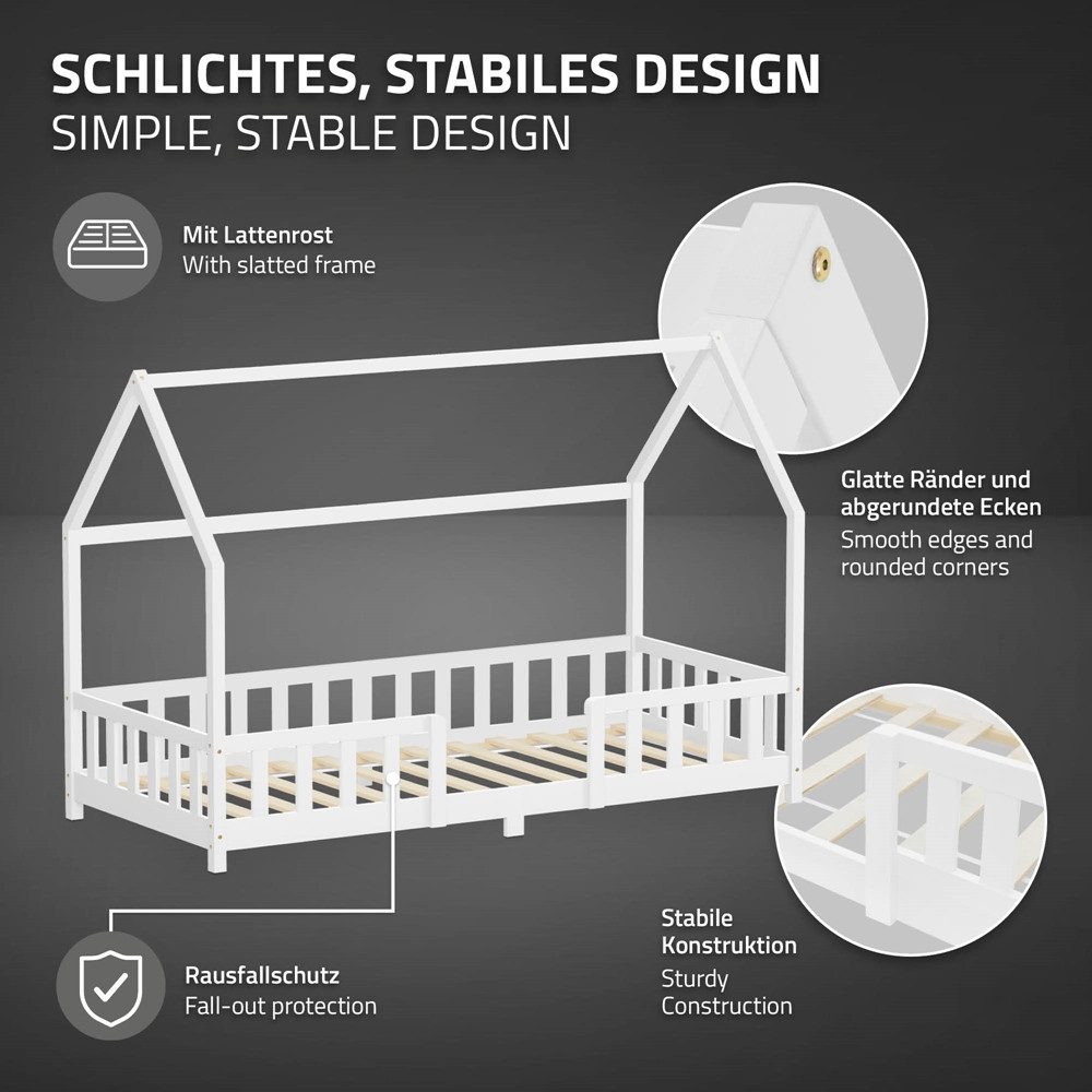 ML-DESIGN Spielbett Hausbett Kinderbett inkl. Lattenrost kreativ Bodenbett für Kinder, Abenteuerbett ohne Matratze 90x200cm Holzbett Weiß Kiefer Bettgestell