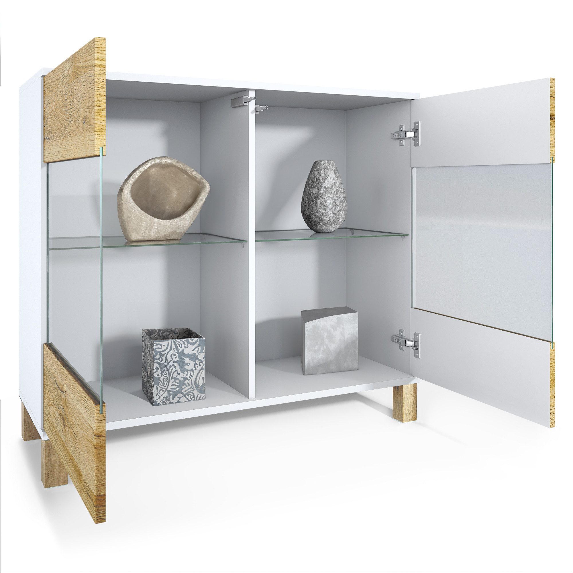 Vladon Kommode Bari V3 Wood (Moderner Küchenschrank, mit 2 großen Glastüren), Weiß matt / Eiche Natur (92,5 x 84,5 x 35)