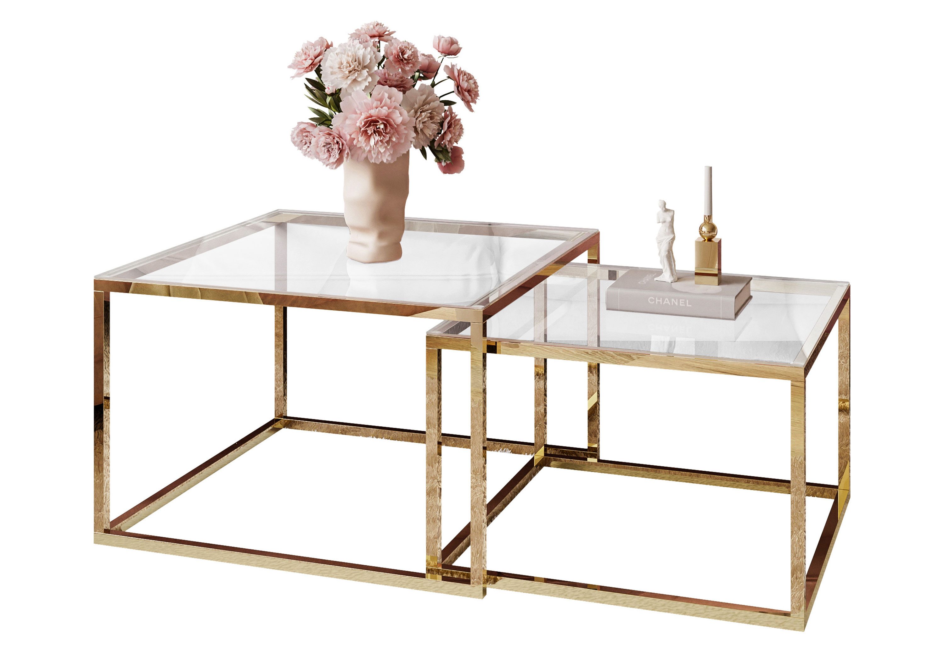 Lookway Couchtisch YOSHI GLASS 2in1 mit Goldenem Chromgestell (2er-Set), Breite: 70 cm und 60 cm