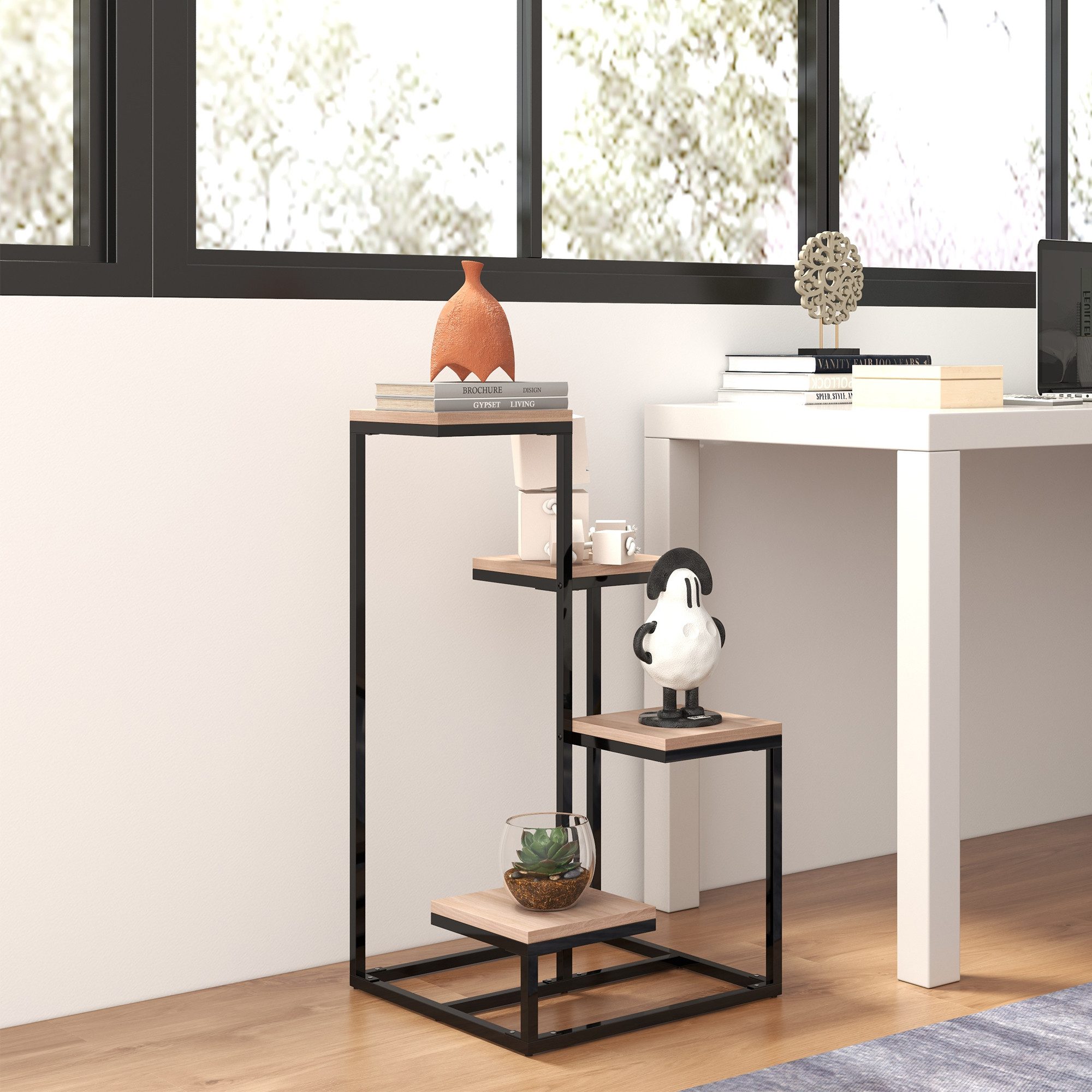 Nettlife Blumenständer Holz Metall 4 Etagen verschiedenen Höhen IndustrieStil Pflanzenregal, für Balkon Terrasse Aufbewahrung von Spielzeug oder Dekoartikeln