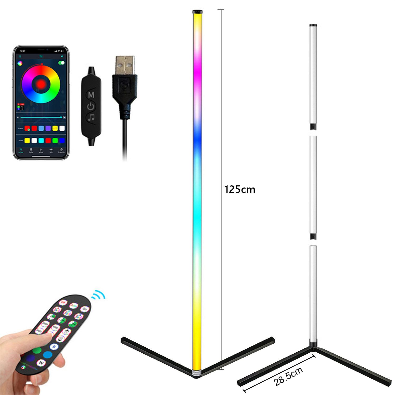 Jibenhome LED Stehlampe Smart Home RGB Eck-Stehleuchte, Timer, Dimmbar, Steuerung mit App und Fernbedienung,125cm, LED Stehlampe Wohnzimmer