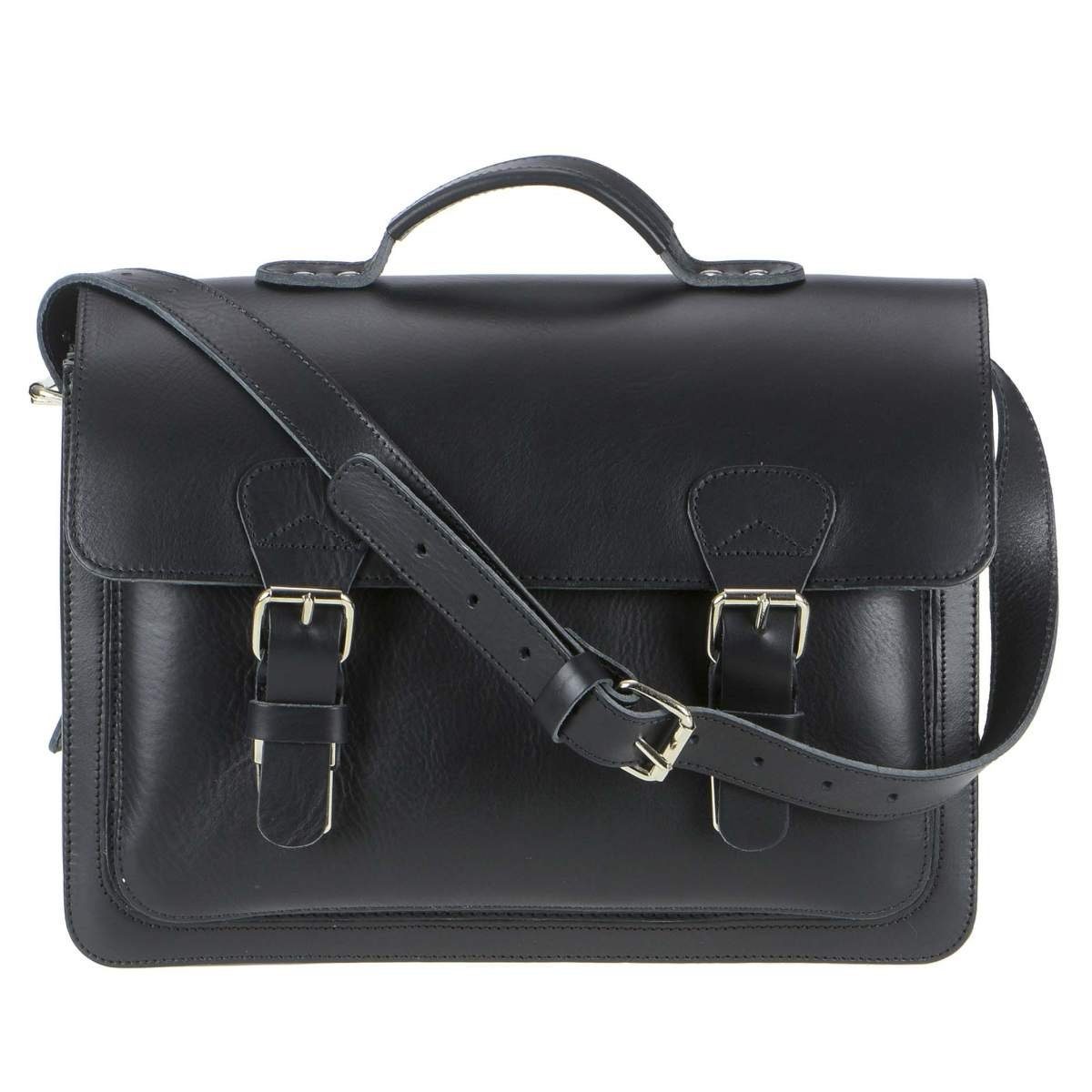 38 kleine cm mit Ruitertassen Schultasche schwarz Leder rustikales Aktentasche 2 Classic, Lehrertasche, Fächern,